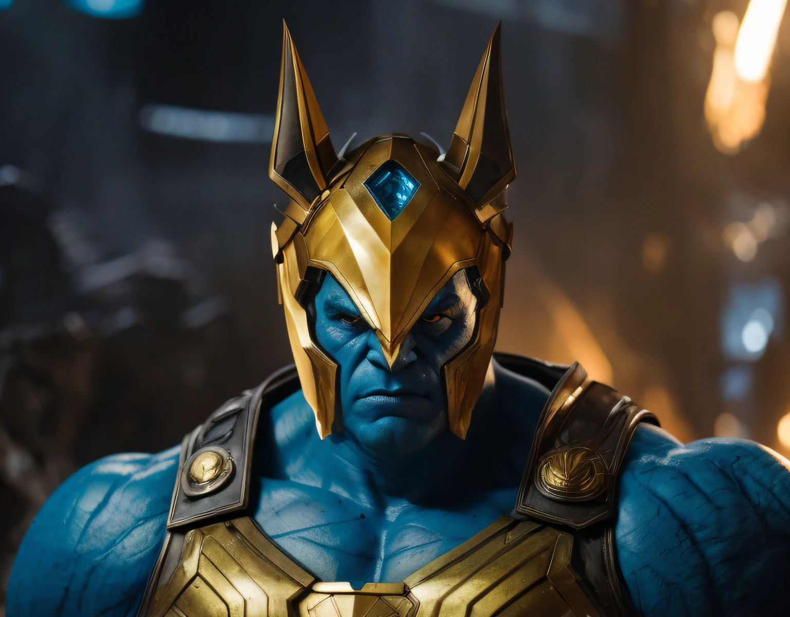 um close de um homem em uma fantasia azul com armadura dourada, cinematic bust shot, cinematic close-up of bust, Ainda do filme da Marvel, foto de retrato, menacing stare, cinematic blue and gold, CGI 8K, mark ruffalo como hulk, Da Marvel Studios, motor unreal face azul, marvelous expression, maravilha, heroic look, aspecto jovem de 20 anos de idade
