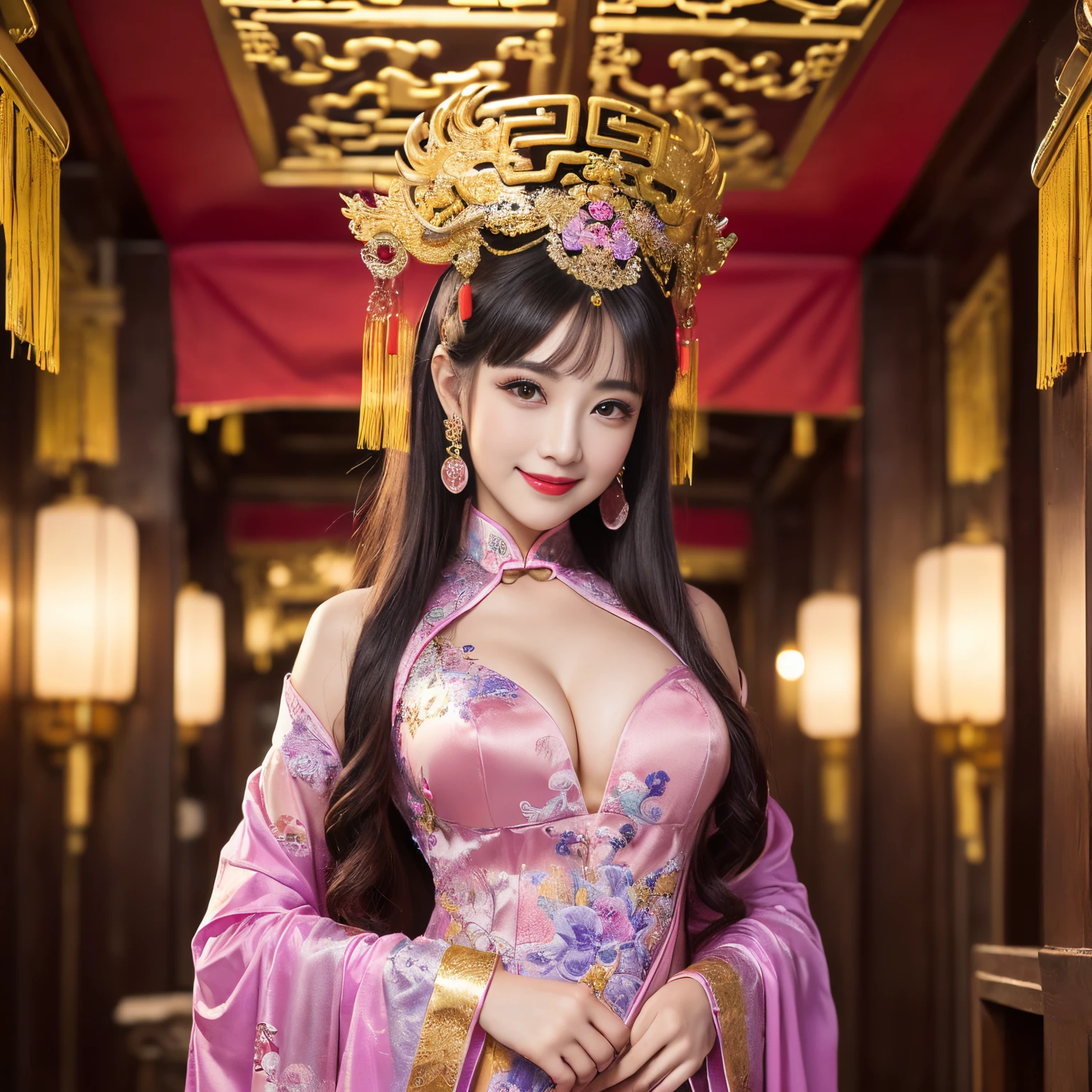 ((top-quality、masutepiece、8K、Top image quality、Highly complex and detailed depictions))、(the most gorgeous chinese goddess:1.5)、Chinese garrison house at night、((The most gorgeous prostitution goddess huge costume、the most vivid and luxurious costumes、big long costume、The most luxurious and huge garrison、Gito is unimaginably beautiful、purple and pink garrison、It is depicted against the background of a huge and luxurious garrison.....、Huge Guru House at midnight、Very complex decoration、very clear garrison))、(View me、Bewitching smile、Perfect makeup、long eyelashes、lipsticks、Pink eyeshadows、perfect anatomia、Biggest smile)、(A clear background of huge garrisons:1.3)、(Depth of field is deep:1.3)