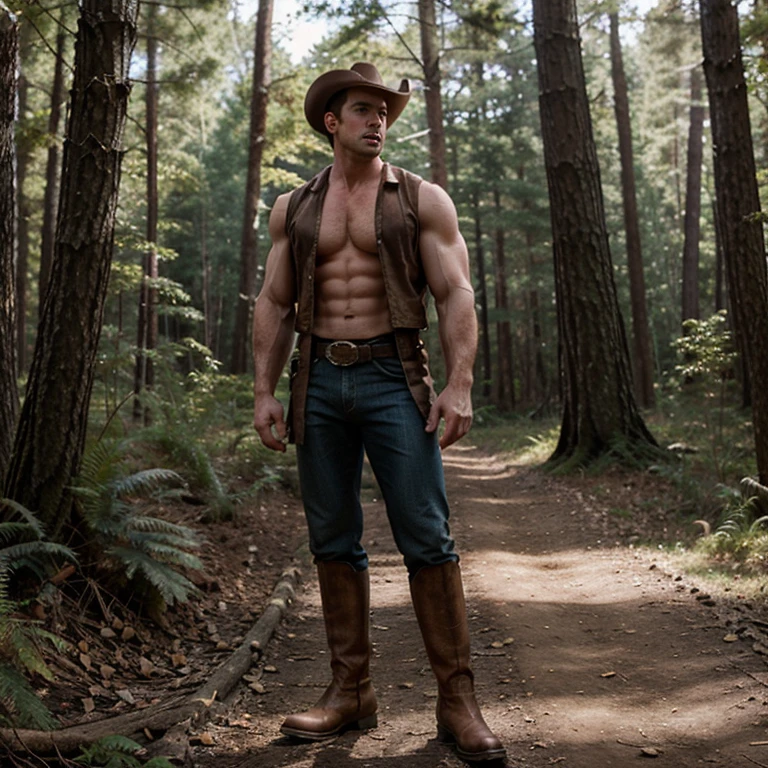 Extra muscular Chris Evans in the woods as a cowboy wearing big and tall cowboy boots