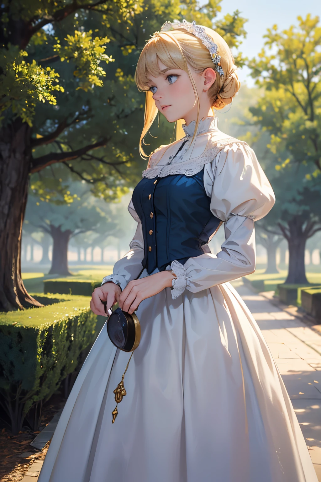 IImagine fifteen-year-old Virginia Otis, a blonde woman with blue eyes, standing near a majestic ancient oak tree. She wears a modest but elegant white summer Victorian dress, adorned with subtle lace accents. A pair of classic pearl earrings graze her delicate ears, while she holds a copy of Charles Dickens' novel “A Christmas Carol.” In her left hand, she holds a magnifying glass, a symbol of her unwavering dedication to seeking the truths behind ghostly events. Surrounded by the serenity of nature and the enigmas of history, this image of her portrays her unique mix of intellect and romanticism.