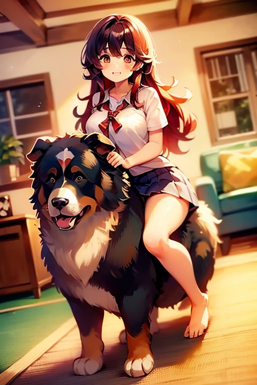 1girl, best quality, masterpiece, cute anime girl riding on a bernese mountain dog \(dog\), tall, barefoot, big butt, big thighs, schoolgirl outfit, smiling, red hair, in a house