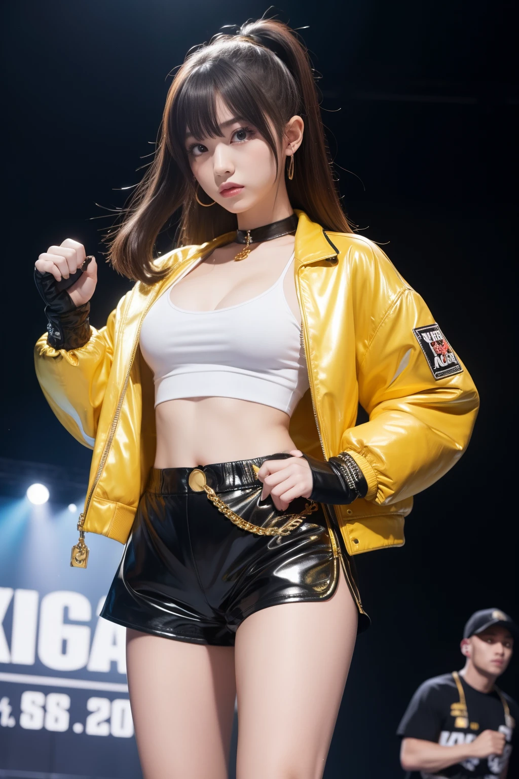 elegant female idol、full body Esbian、、、angry、Wearing boxing gloves、、Gold Shorts、elegant jacket