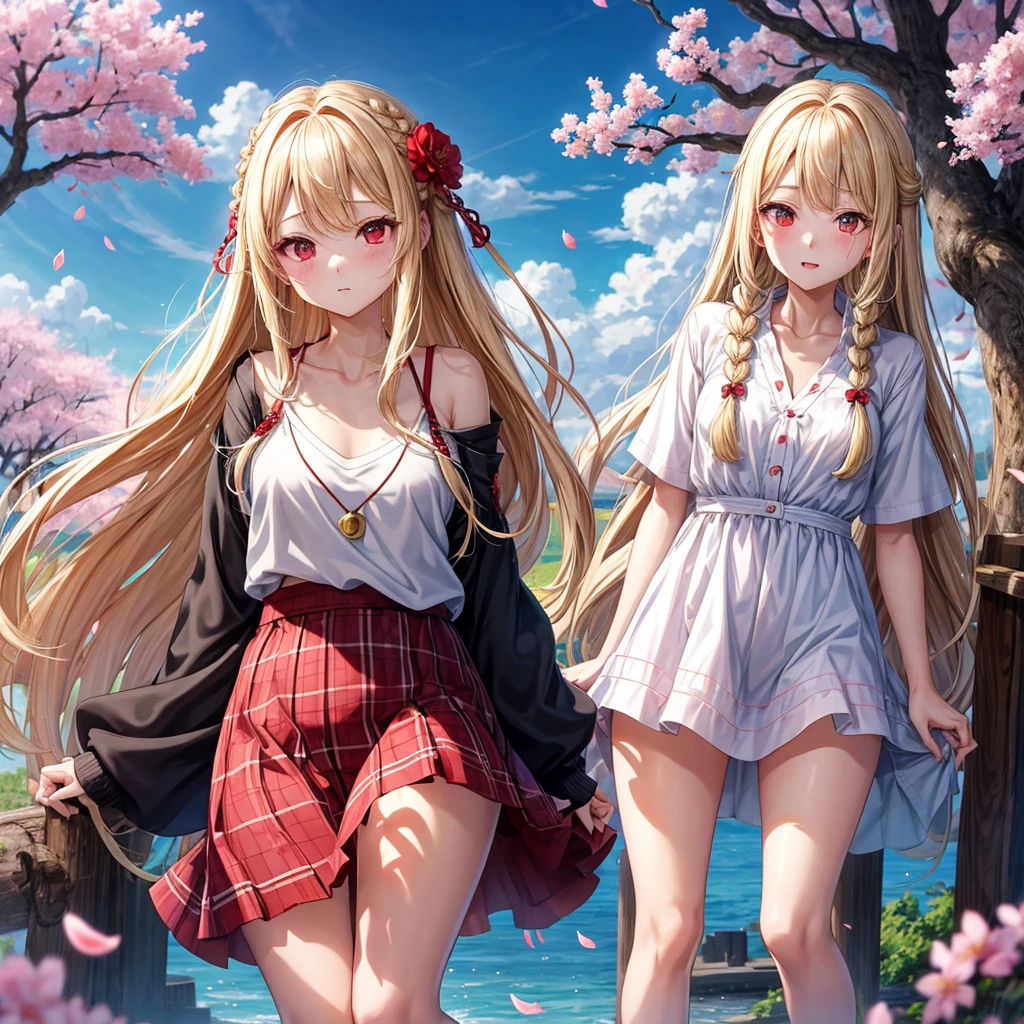 a blond、red eyes、Braids、one good looking girl、独奏、animesque、lightly dressed、Plaid miniskirt、flower petals、bare-legged、wetting hair、v neck、Black T-shirt、large tree、cherry trees、sea of clouds