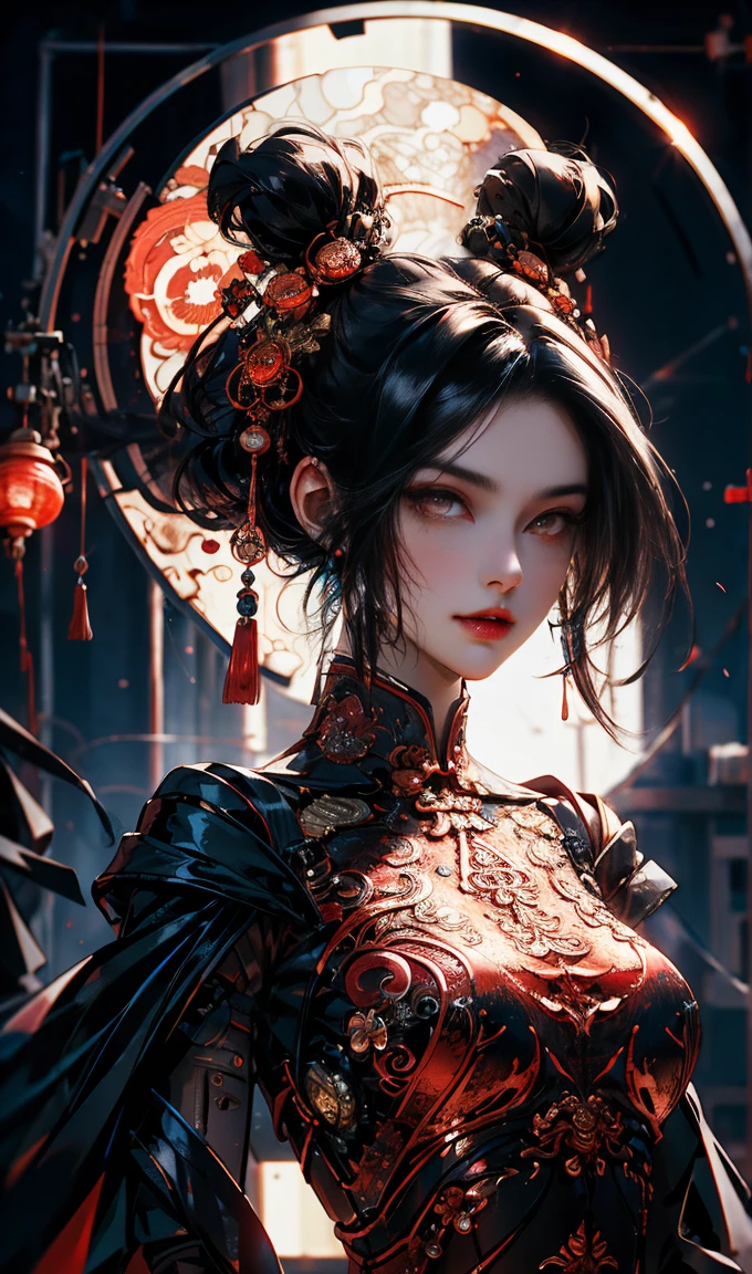 ((beste-Qualit)), ((tmasterpiece)), ((tall and slender woman from Russia, Fresh colored background, ancient Chinese painter in the style of Qiu Ying, soft shadows, Clear Focus)), androgynous vampire, with long gray hair, Gentle androgynous princess, Beautiful androgynous princess, with her long white hair, (big yellow eyes:1.3), Showing fangs, detailing, Burst breasts, extra high resolution, 8K, Futuristic, technology, glowing neon, Red, red light, Transparent black tulle, black ribbon, laser, ((detailed realistic face and eyes)), (The blood on her lips runs down her neck), (Lovely Medium Breasts), perfect anatomy, (shapely body), sexy stockings, Beautiful slender legs, sexypose, (full-length photo:0.6), Clean five fingers.
