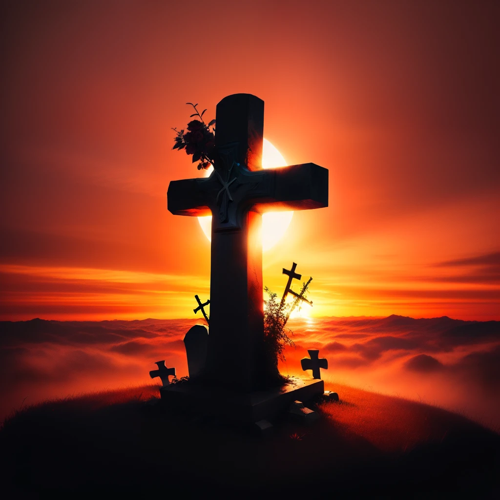 Cross grave with red background
