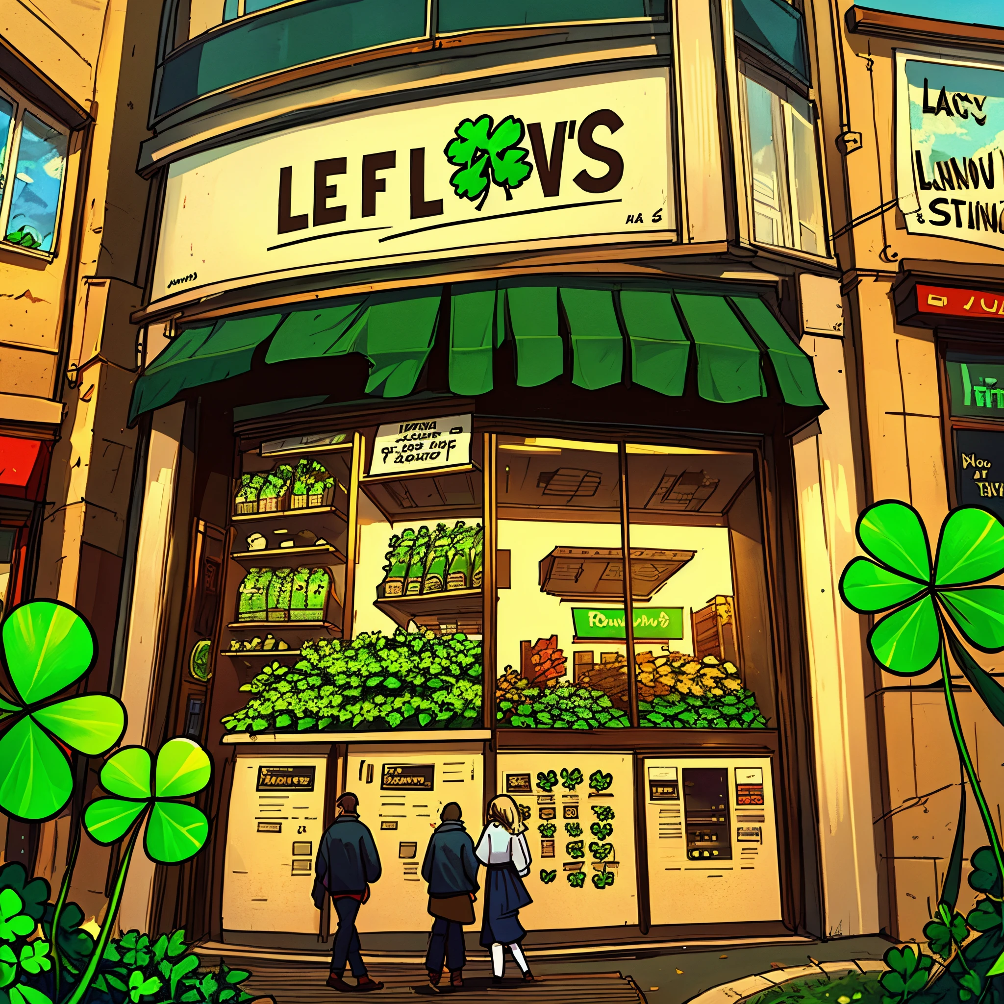 A lone 4 leaf clover with the text 4leafs.store with a bunch of people walking in the background