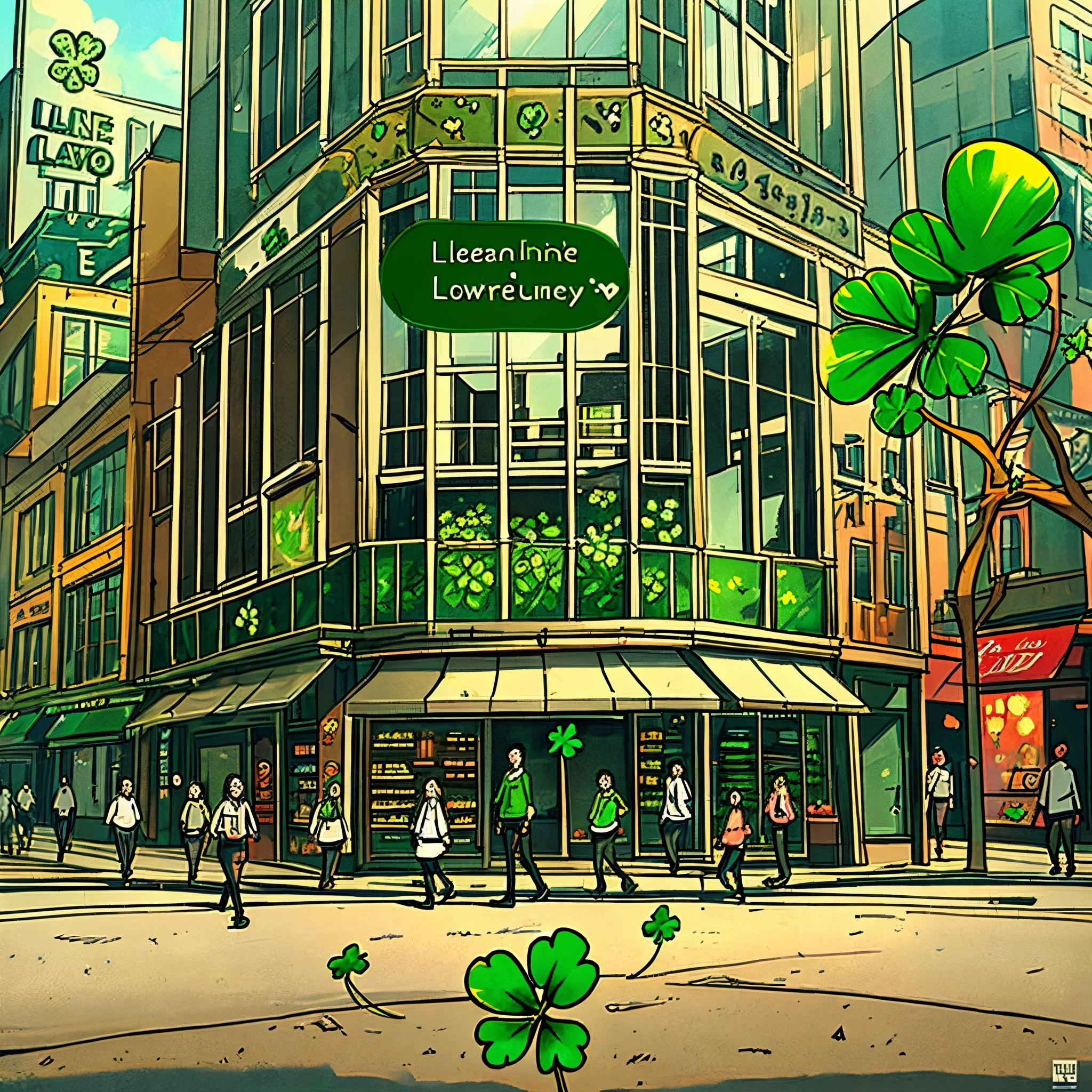 A lone 4 leaf clover with the text 4leafs.store with a bunch of people walking in the background