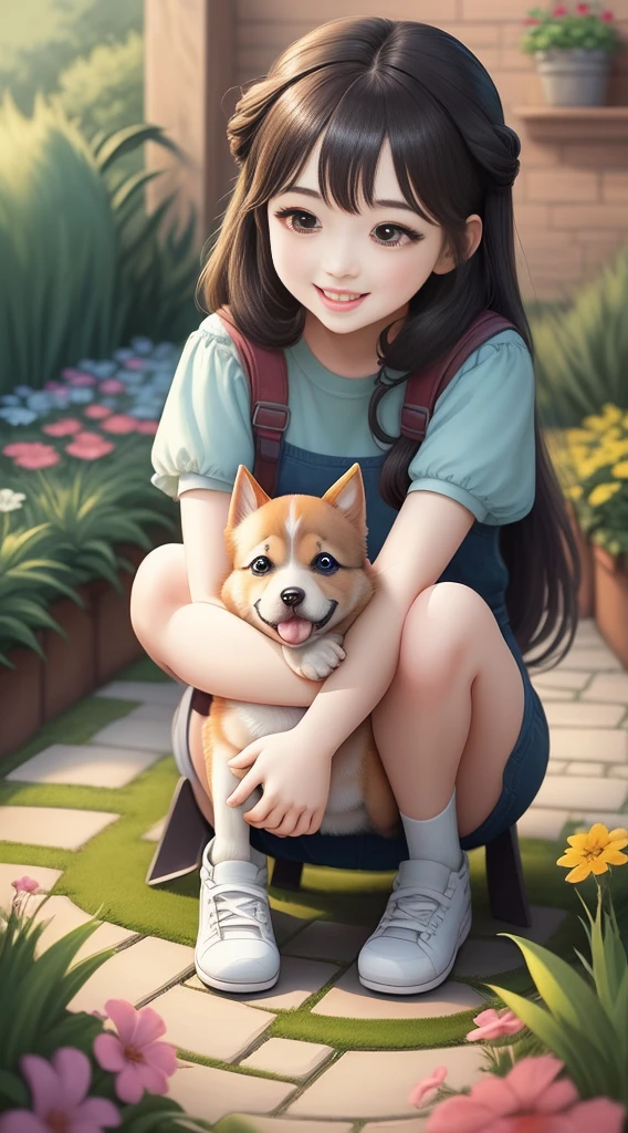 Cartoon cute girl playing with puppy in the garden,Cute comic Q-version characters, Q-version items, daily bright colors, rich materials, design sense, pictures are square
