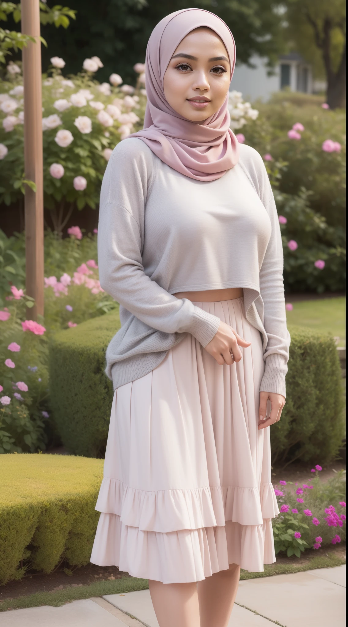 RAW, Best quality, high resolution, works: 1.3), beautiful Malay woman in hijab (iu:0.8)1Beautiful Malay woman, beautiful face, watery eyes, perfect lips, big eyes, ((big breasts)),perfect body, thick thighs ,soft smiling, wearing a gray pleated pink sweater and skirt, feminine in cute pastel colors, pleated skirt, feminine in pastel colors, wearing a long fluent skirt, layered clothes, wearing long flowing fabrics, pastel style, pastel clothes, in pastel colors, muted pink and grey, muted and pastel colors, in pastel colors, standing on floral garden, close up