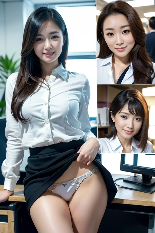 (8ＫRaw photography、top-quality、masuter piece:1.2)、ultra-detailliert、ultra res、(realisitic、rialistic photo:1.37)、portlate、high-definition RAW color photography、Professional Photography、highly detailed and beautiful、ighly detailed、8ＫImage wallpaper、amazing detailed、huge filesize、Official art、Highly detailed CG Unity 8ＫWallpapers of、Very detailed beauties、extra detailed face、extremely detailed eye、highlydetailed skin、extremely detailed fingers、highly detailed nose、very detailed detailed mouth、Perfect ???????、细致背景、prety woman、Realistic body、de pele branca、glistning skin、Handsome body、kawaii、kawaii faces、Lifelike face、Delicate eyes、Looking at the camera、front facing、beautiful thigh、(Highly detailed white skin)、Tecateca、embarassed face、Excited face、(looking at from the front:1.2)、(Japan beauties:1.2)、(((Lift the skirt、Lift the skirt with both hands)),((25 year old beautiful office lady wearing white clothes :1.2))、((Beautiful woman with her legs slightly open on the desk))、((Small office with one computer))、Sweet smile 、skirt by the、((Panties that change color from image to image､Hairstyles that change depending on the image))、large udder、(Faces and expressions that change with each image)