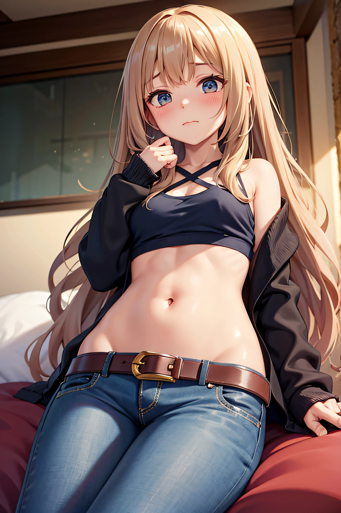 long hair, chiffon long cardigan,1 girl, solo, medium breasts, belt, tummy, crop top, lounge, jeans, embarrassed, blush, afraid,