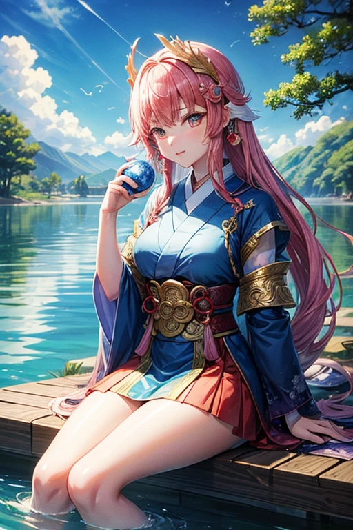 Mizuhanome no Mikoto、Beautiful、goddes、Water god、Dragon in the background、On the lake