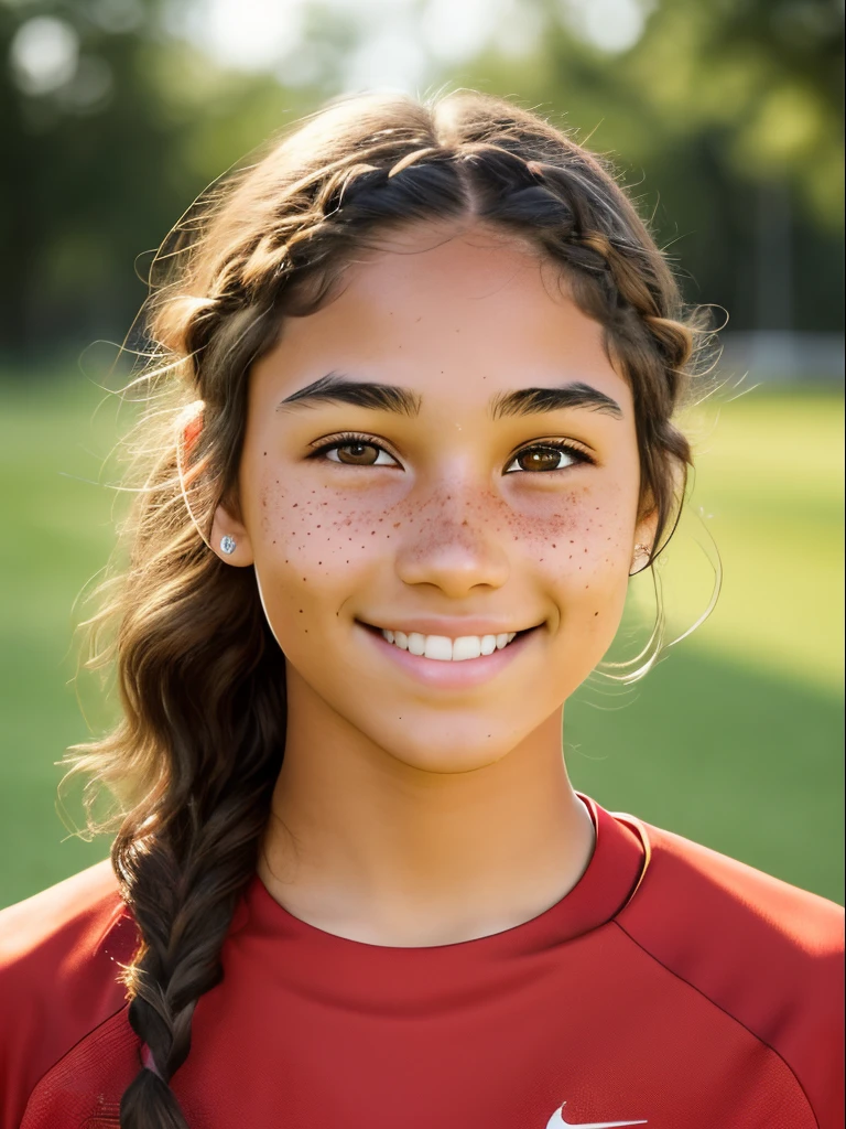1girl. Tan skin, freckles on nose, freckles on cheeks, dark brown hair, wavy hair, hair braid, Nike shirt, twenty years old, college sports headshot,