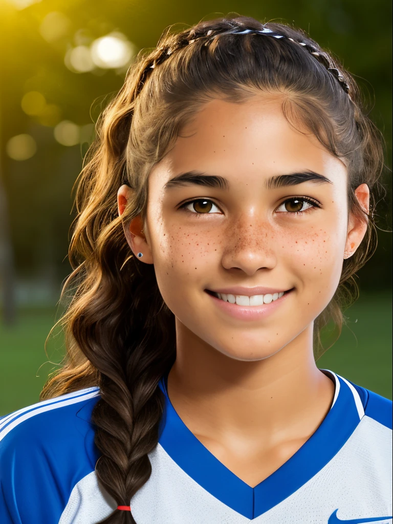 1girl. Tan skin, freckles on nose, freckles on cheeks, dark brown hair, wavy hair, hair braid, Nike shirt, twenty years old, college sports headshot,