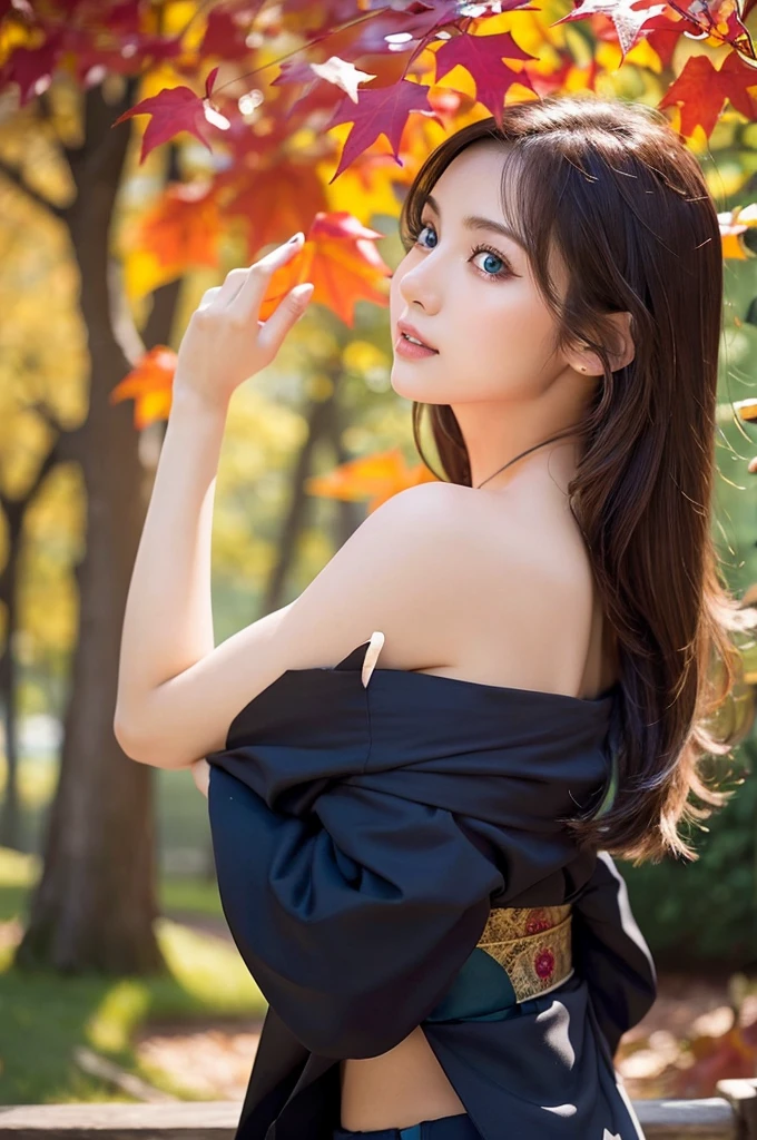 (masutepiece:1.3, Photorealsitic:1.4, 8K), top-quality, masterpiece, 超A high resolution, Professional camera work, Grow Light Effect, Realistic portrait, Cinematic Light, Highly detailed skin and facial texture:1.3, Perfect dynamic composition, The ultra-detailliert, A detailed eye, Detailed limbs, autumnal, Autumn leaves landscape in the evening:1.25, 1girl in, Cute sexy 23 year old slim woman, Fair skin, Autumn leaves are dancing:1.25, (Enraptured look:0.9, Totally captivates you:1.0), (Black kimono:1.31 Only shoulders and scapula exposed), (Backshots, Calm pose), (voluptuous breasts:0.9), (Beautiful blue eyes, Eyes that feel beautiful eros:0.85), Sexy face:0.4, (A mouthfeel that feels beautiful eros:0.85), ((Too cute beauty:0.9)), back sharp focus