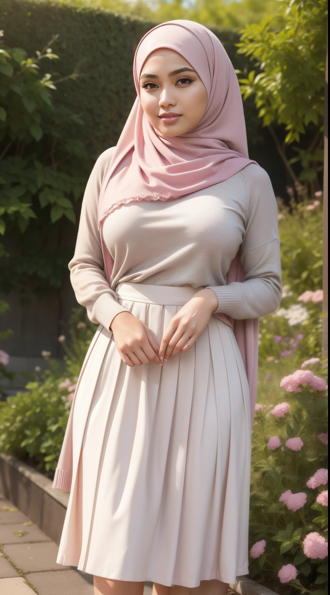 RAW, Best quality, high resolution, works: 1.3), beautiful Malay woman in hijab (iu:0.8)1Beautiful Malay woman, beautiful face, watery eyes, perfect lips, big eyes, ((big breasts)),perfect body, thick thighs ,soft smiling, wearing a gray pleated pink sweater and skirt, feminine in cute pastel colors, pleated skirt, feminine in pastel colors, wearing a long fluent skirt, layered clothes, wearing long flowing fabrics, pastel style, pastel clothes, in pastel colors, muted pink and grey, muted and pastel colors, in pastel colors, standing on floral garden, close up