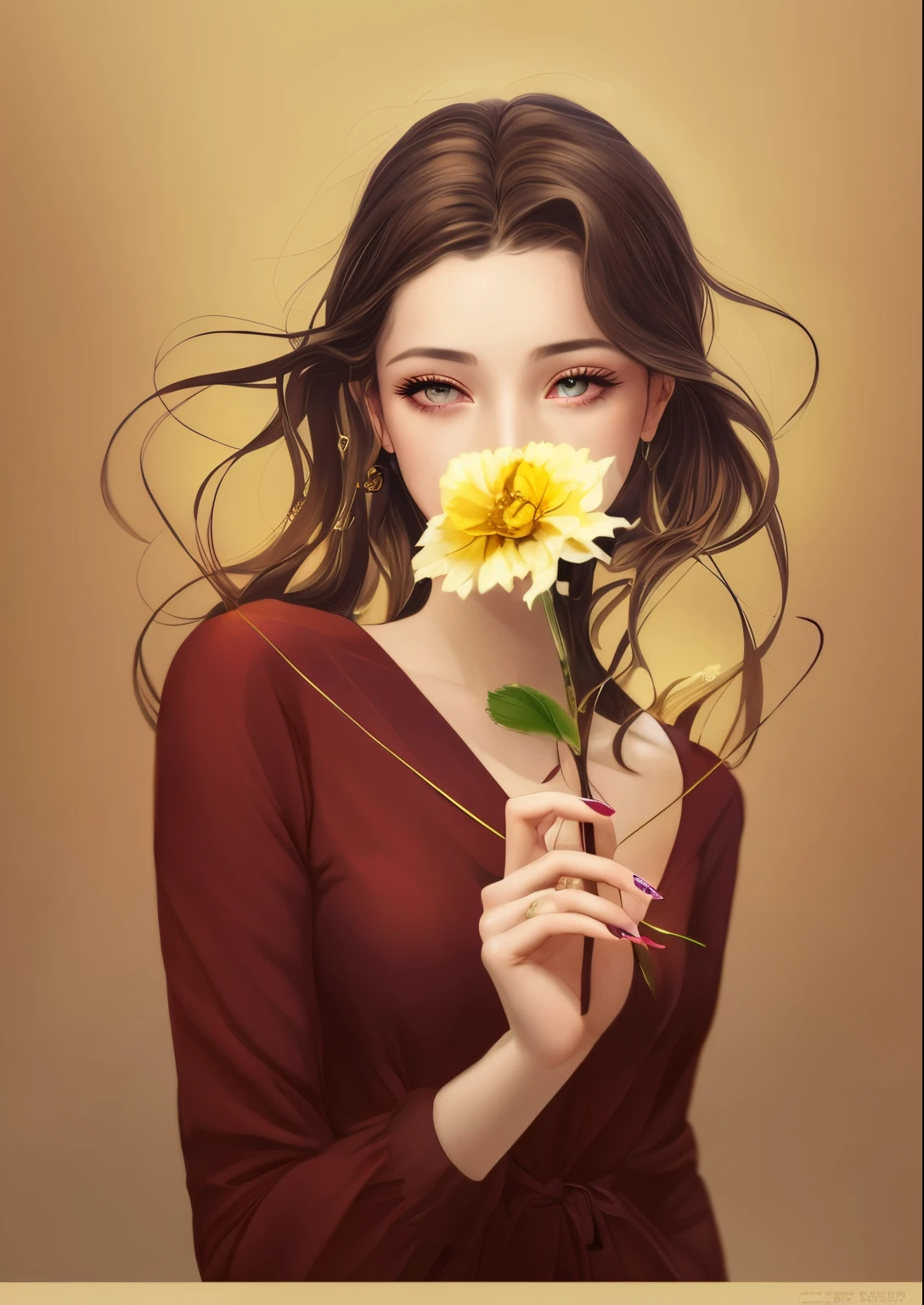 woman holding a flower in her hand on a brown background, exquisite digital illustration, beautiful illustration, beautiful digital illustration, gorgeous digital art, beautiful digital artwork, beautiful digital art, stunning digital illustration, beautiful illustration, in the art style of bowater, beautiful gorgeous digital art, Girl with a floral face, digital art of an elegant, elegant digital painting