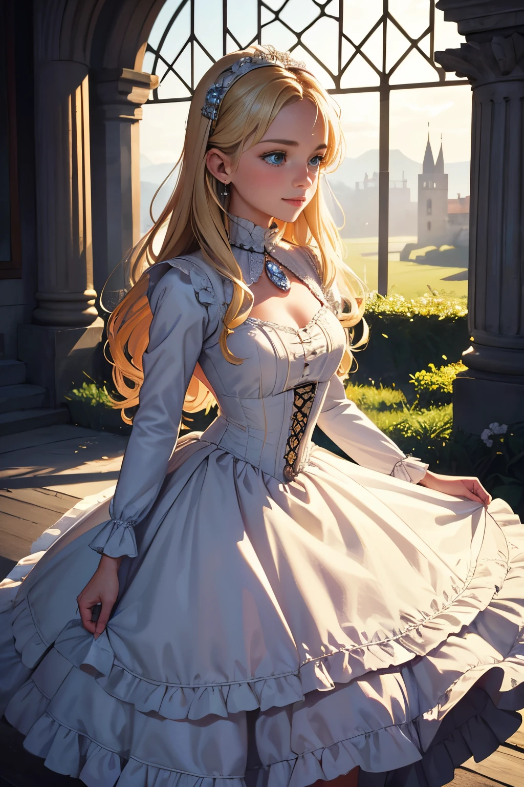 Highly detailed RAW color photo, 15 years old Virginia Otis in a victorian sexy dress, pixar style, in the style of bright 3D objects, She has a cartoon smile, tanned skin and rosy cheeks, a social contest winning photograph, dress, IImagine fifteen-year-old Virginia Otis, a blonde woman with blue eyes, standing near a majestic ancient oak tree. She wears a modest but elegant white summer Victorian dress, adorned with subtle lace accents. A pair of classic pearl earrings graze her delicate ears, while she holds a copy of Charles Dickens' novel “A Christmas Carol.” In her left hand, she holds a magnifying glass, a symbol of her unwavering dedication to seeking the truths behind ghostly events. Surrounded by the serenity of nature and the enigmas of history, this image of her portrays her unique mix of intellect and romanticism., blue eyes, -long blonde hair, dorne, very very curly blonde hair, corridors of a castle vibes, iridescence/opalescence, glitter, highly detailed photorealistic, 16k --expressive style - -niji 5 (MATRIX ) incredible, realistic shadows, (highly detailed background plan: 1.2), artistic photo Waiting to start