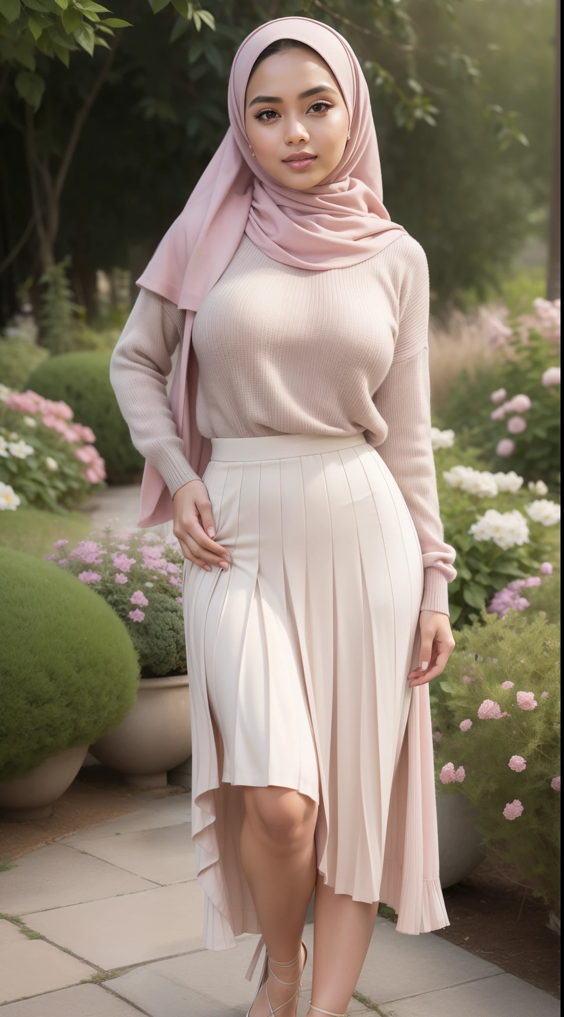 RAW, Best quality, high resolution, works: 1.3), beautiful Malay woman in hijab (iu:0.8)1Beautiful Malay woman, beautiful face, watery eyes, perfect lips, big eyes, ((big breasts)),perfect body, thick thighs ,soft smiling, wearing a gray pleated pink sweater and skirt, feminine in cute pastel colors, pleated skirt, feminine in pastel colors, wearing a long fluent skirt, layered clothes, wearing long flowing fabrics, pastel style, pastel clothes, in pastel colors, muted pink and grey, muted and pastel colors, in pastel colors, standing on floral garden, close up