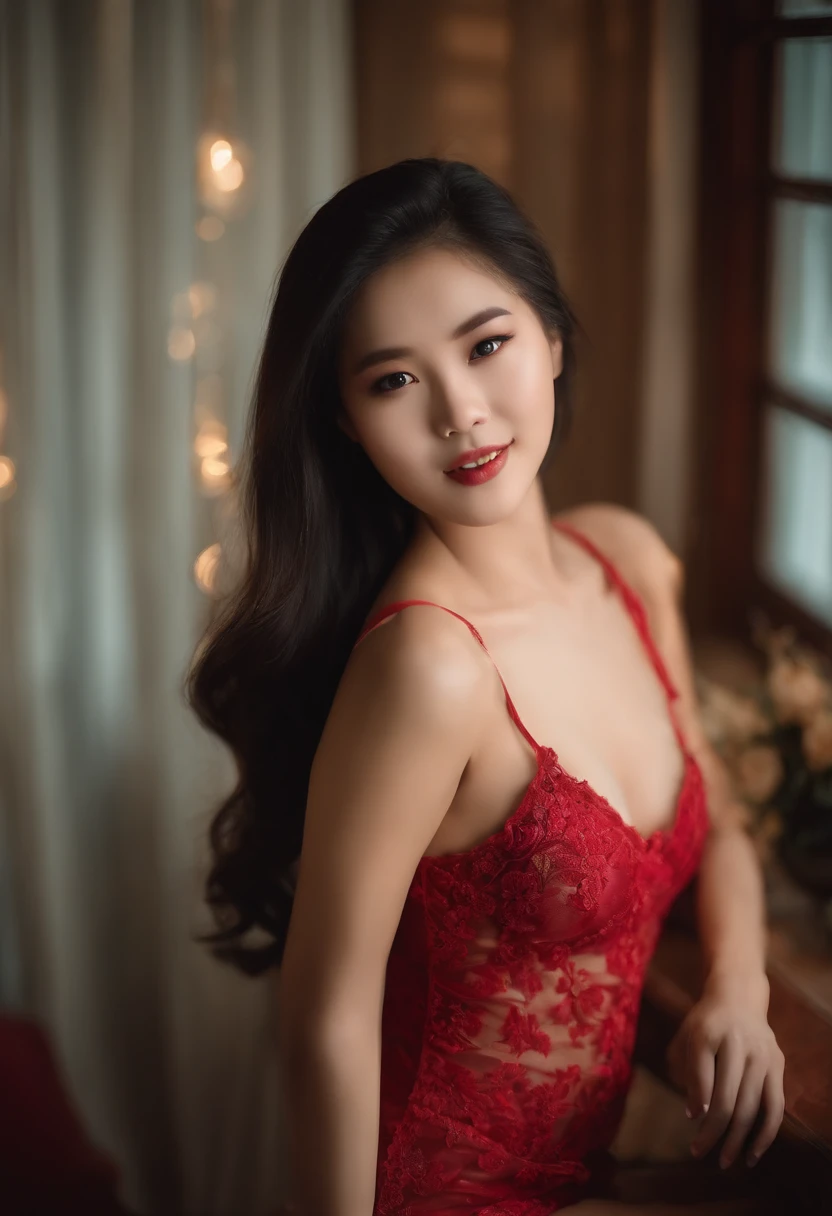 Hyperrealist real face malay women standing at window look outside dark background wearing red dress smile silhouette low light horror mode big breast topless