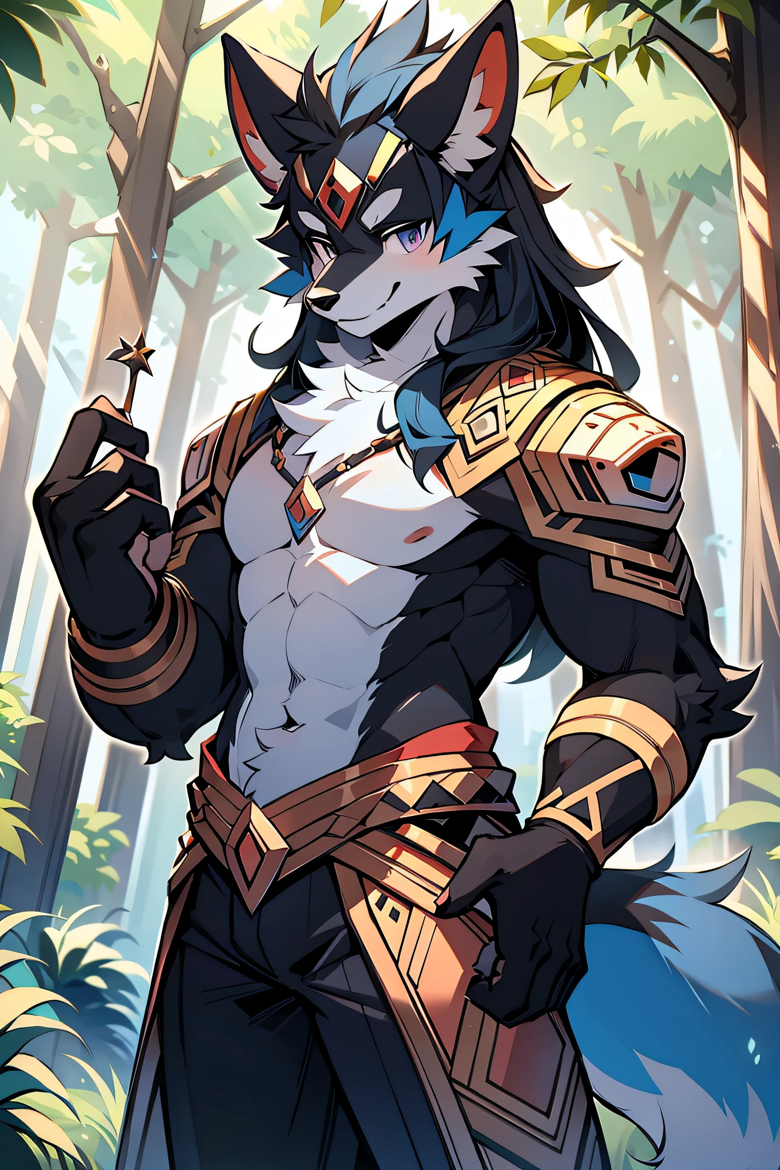The male wolf is 180 cm tall,bluish violet eyes, , cabelos preto e longos, end, The upper body shows off the perfect body,red and black costume,with smile,Two small ears,Stand with fair skin ,at a forest