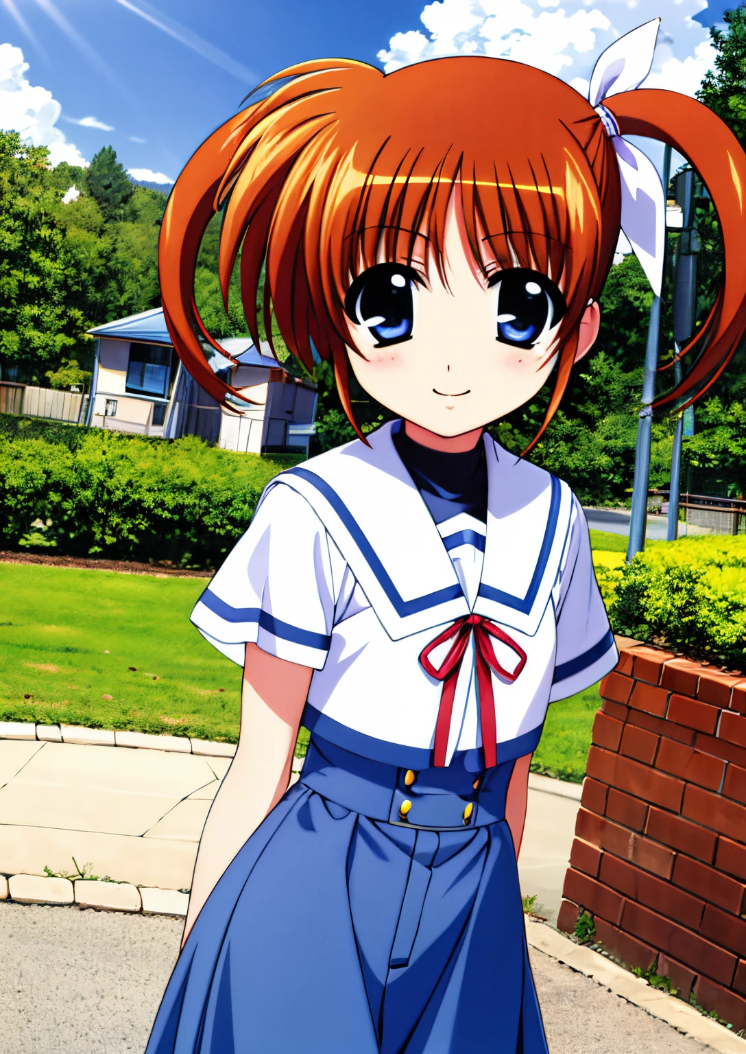 ultra-detailliert, hight resolution, 8ＫImagen、Nanoha,(Realistic, Photorealistic: 1.4),1girl in、独奏、Nano Hatakamachi、brown haired、blue eyess、Twin-tailed、Sailor Uniform, White uniform、magical ***********、Mouth closed、serious faces,The absolute standard is the stomach、Cowboy Shot、up looking、Smiling at my friend Fate-chan