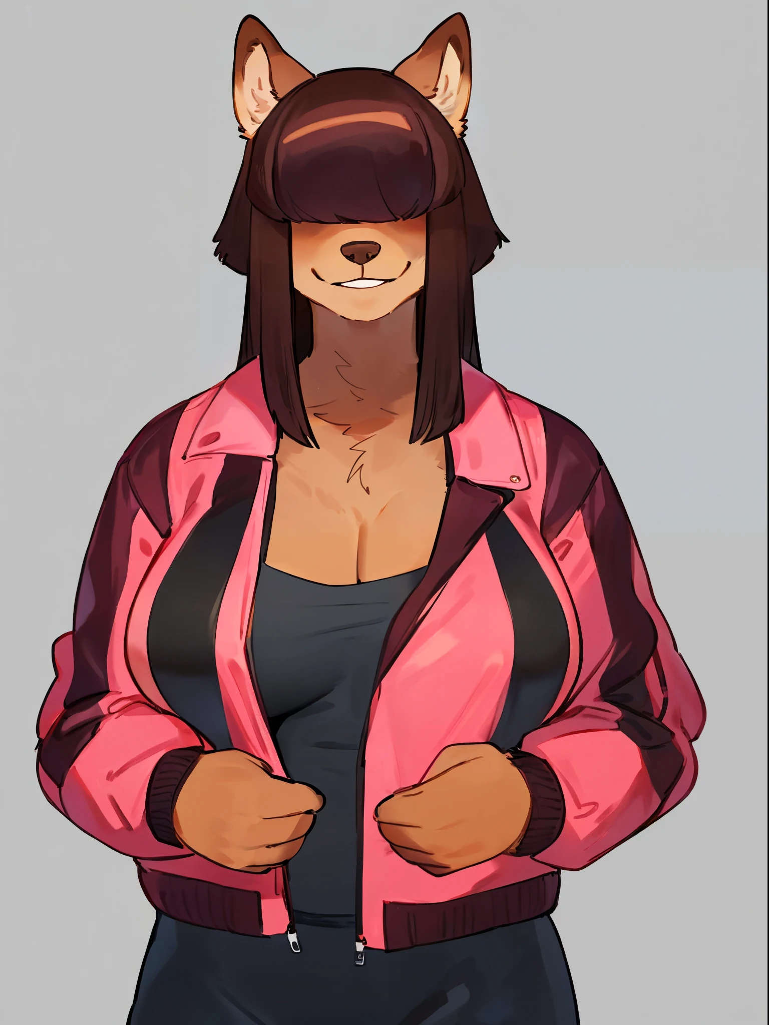 By bebebebebe, by lostgoose, by goonie-san, solo, female, canine, ((snout, hair covering eyes, straight hair, medium hair, flat hair, thin snout, brown fur)), dark maroon hair, big breasts, (muscular), smiling, looking at viewer, bright pink puffer jacket, black tights,