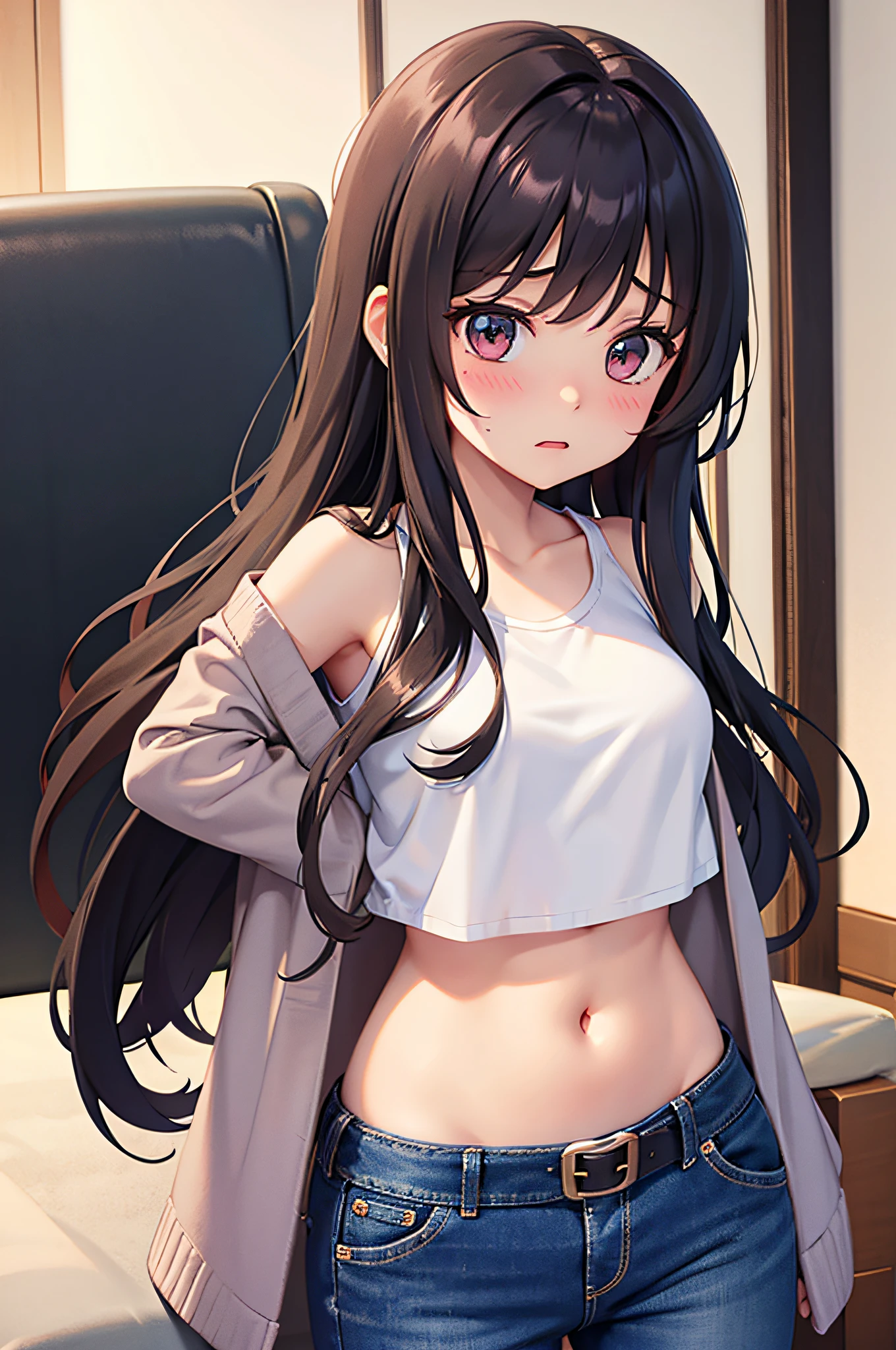 long hair, chiffon long cardigan,1 girl, solo, medium breasts, belt, tummy, crop top, t shirt, lounge, jeans, embarrassed, blush, afraid,