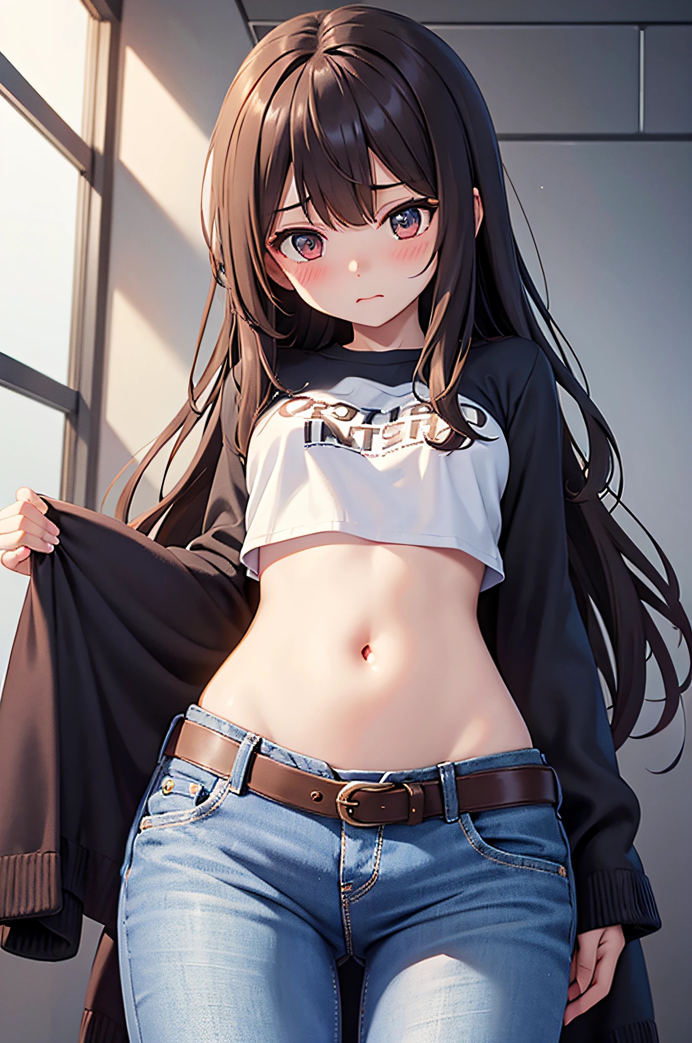 long hair, chiffon long cardigan,1 girl, solo, medium breasts, belt, tummy, crop top, t shirt, lounge, jeans, embarrassed, blush, afraid,