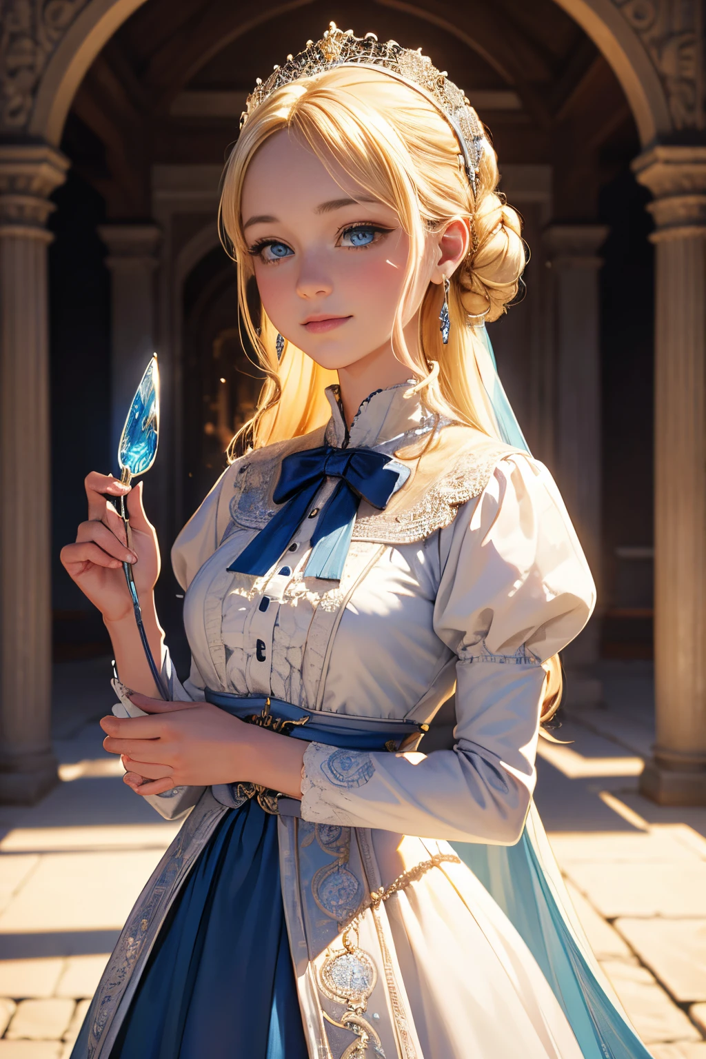 Highly detailed RAW color photo, Virginia Otis in a victorian sexy dress, pixar style, in the style of bright 3D objects, She has a cartoon smile, tanned skin and rosy cheeks, a social contest winning photograph, dress, IImagine fifteen-year-old Virginia Otis, a blonde woman with blue eyes, standing near a majestic ancient oak tree. She wears a modest but elegant white summer Victorian dress, adorned with subtle lace accents. A pair of classic pearl earrings graze her delicate ears, while she holds a copy of Charles Dickens' novel “A Christmas Carol.” In her left hand, she holds a magnifying glass, a symbol of her unwavering dedication to seeking the truths behind ghostly events. Surrounded by the serenity of nature and the enigmas of history, this image of her portrays her unique mix of intellect and romanticism., blue eyes, -long blonde hair, dorne, very very curly blonde hair, corridors of a castle vibes, iridescence/opalescence, glitter, highly detailed photorealistic, 16k --expressive style - -niji 5 (MATRIX ) incredible, realistic shadows, (highly detailed background plan: 1.2), artistic photo Waiting to start