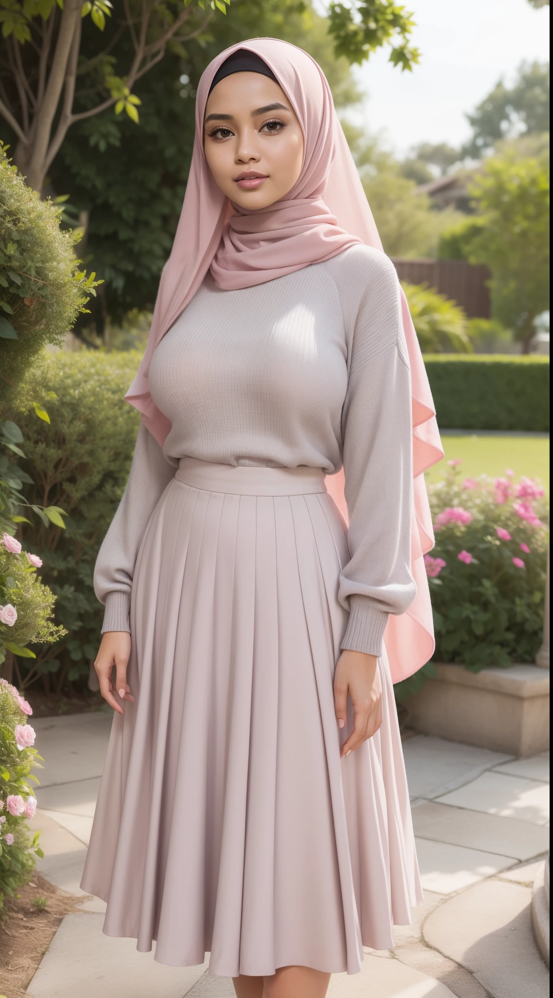 RAW, Best quality, high resolution, works: 1.3), beautiful Malay woman in hijab (iu:0.8)1Beautiful Malay woman, beautiful face, watery eyes, perfect lips, big eyes, ((big breasts)),perfect body, thick thighs ,soft smiling, wearing a gray pleated pink sweater and skirt, feminine in cute pastel colors, pleated skirt, feminine in pastel colors, wearing a long fluent skirt, layered clothes, wearing long flowing fabrics, pastel style, pastel clothes, in pastel colors, muted pink and grey, muted and pastel colors, in pastel colors, standing on floral garden, close up