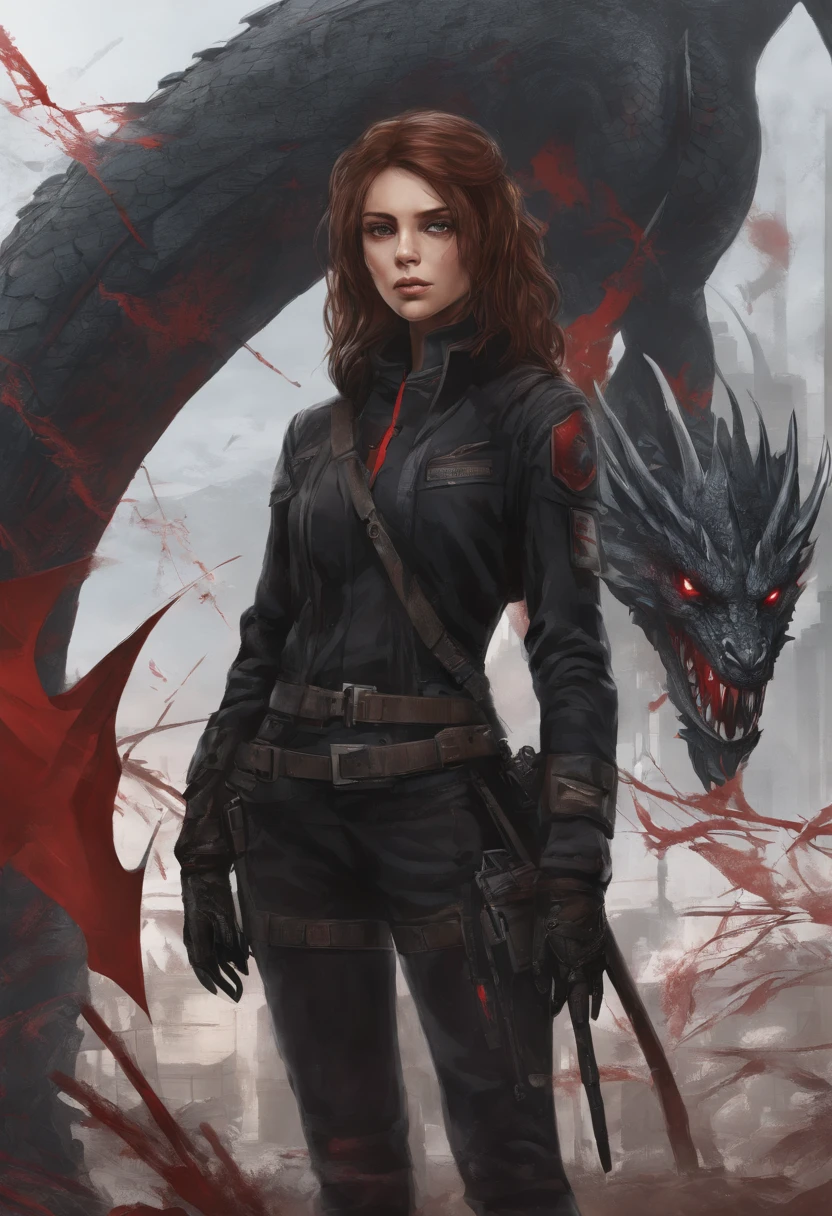 A girl with medium lenght brown hair with Red streaks, red and white eyes, about 5'5 in hight, wearing an dark academia style outfit, thin scars on her arms, standing near a black and blue dragon