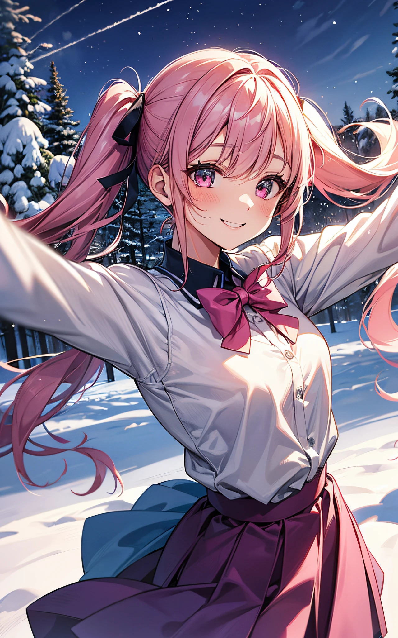 Perfect human body、She is wearing a high school uniform and has pink twintails.、Dancing in the winter snow、((fantastic landscape))、Sparkling snow dances、schools、natta、light dances、I got closest to that smile
