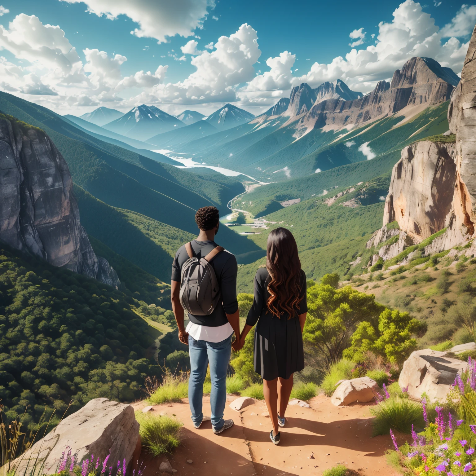 image of a Black couple facing away, gazing at the horizon, with a stunning mountain landscape adorned with trees. Emphasize details, ensuring the image conveys serenity and beauty, realistic image --auto --s2