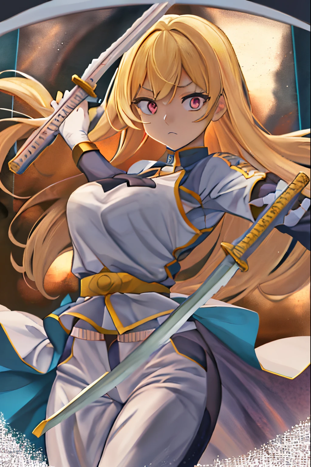 anime girl with long blonde hair holding two swords in her hands, she is holding a sword, Artoria Pendragon, she is holding a katana sword, segurando uma espada em seu ombro, estilo anime Konosuba, praticando seus staces de espada, Marin Kitagawa Fanart, Cushart Kenz, com espada grande, Konosuba