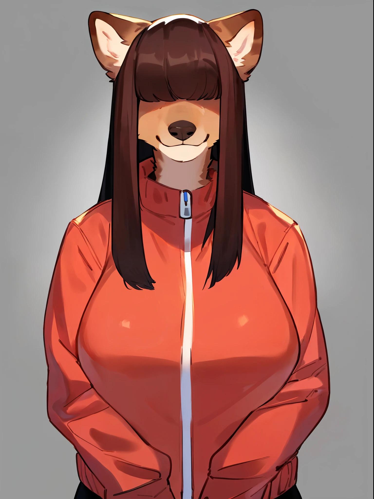 By bebebebebe, by lostgoose, by goonie-san, solo, female, canine, ((snout, hair covering eyes, straight hair, medium hair, flat hair, thin snout, brown fur)), dark maroon hair, big breasts, (muscular), smiling, looking at viewer, bright pink puffer jacket, black tights,