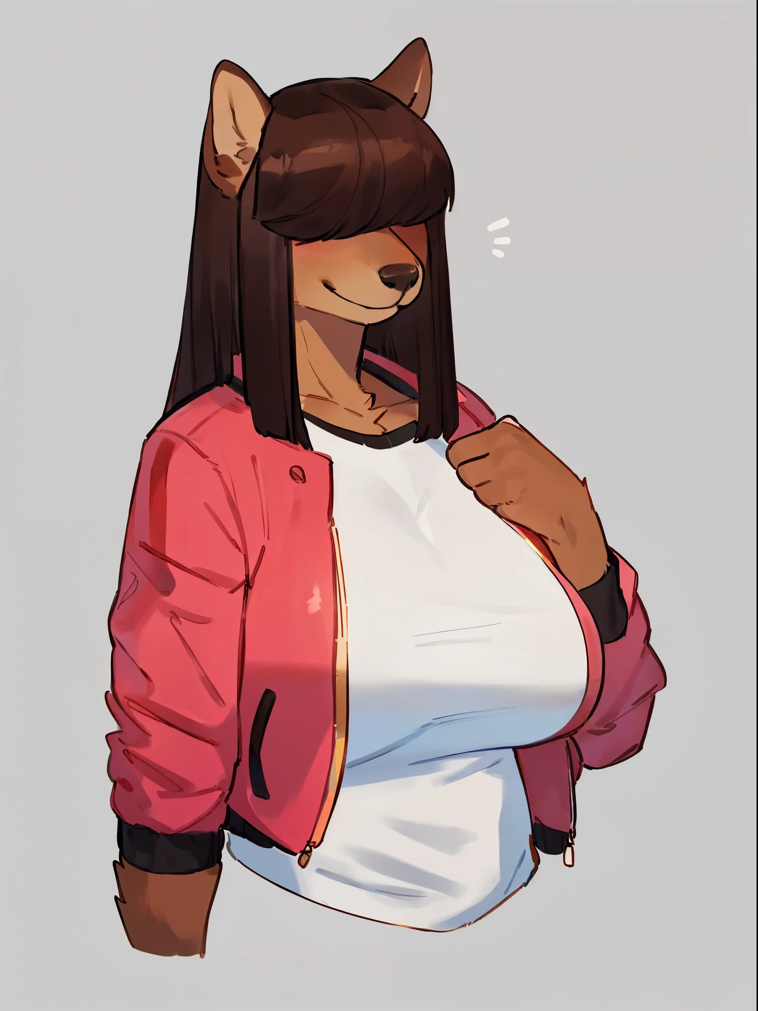 By bebebebebe, by lostgoose, by goonie-san, solo, female, canine, ((snout, hair covering eyes, straight hair, medium hair, flat hair, thin snout, brown fur)), dark maroon hair, big breasts, (muscular), smiling, looking at viewer, bright pink puffer jacket, black tights,