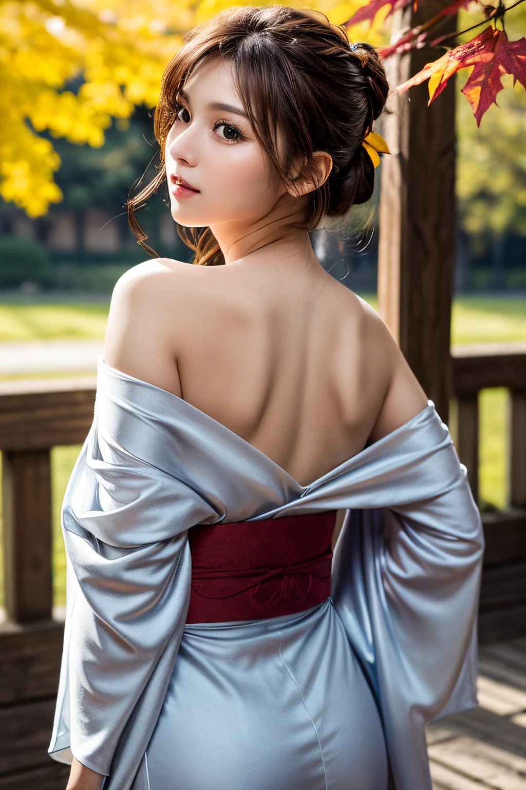 (masutepiece:1.3, Photorealsitic:1.4, 8K), top-quality, masterpiece, 超A high resolution, Professional camera work, Grow Light Effect, Realistic portrait, Cinematic Light, Highly detailed skin and facial texture:1.3, Perfect dynamic composition, The ultra-detailliert, A detailed eye, Detailed limbs, autumn night, Lit up, Autumn foliage scenery:1.2, 1girl in, Cute sexy 24 year old slim woman, Fair skin, Autumn leaves are dancing:1.2, (Enraptured look:0.9, Totally captivates you:1.0), (Silver kimono:1.35 off shoulder), (voluptuous breasts:0.9), (Backshots, Calm pose), (Beautiful blue eyes, Eyes that feel beautiful eros:0.85), Sexy face:0.4, (A mouthfeel that feels beautiful eros:0.85), ((Too cute beauty:0.9))