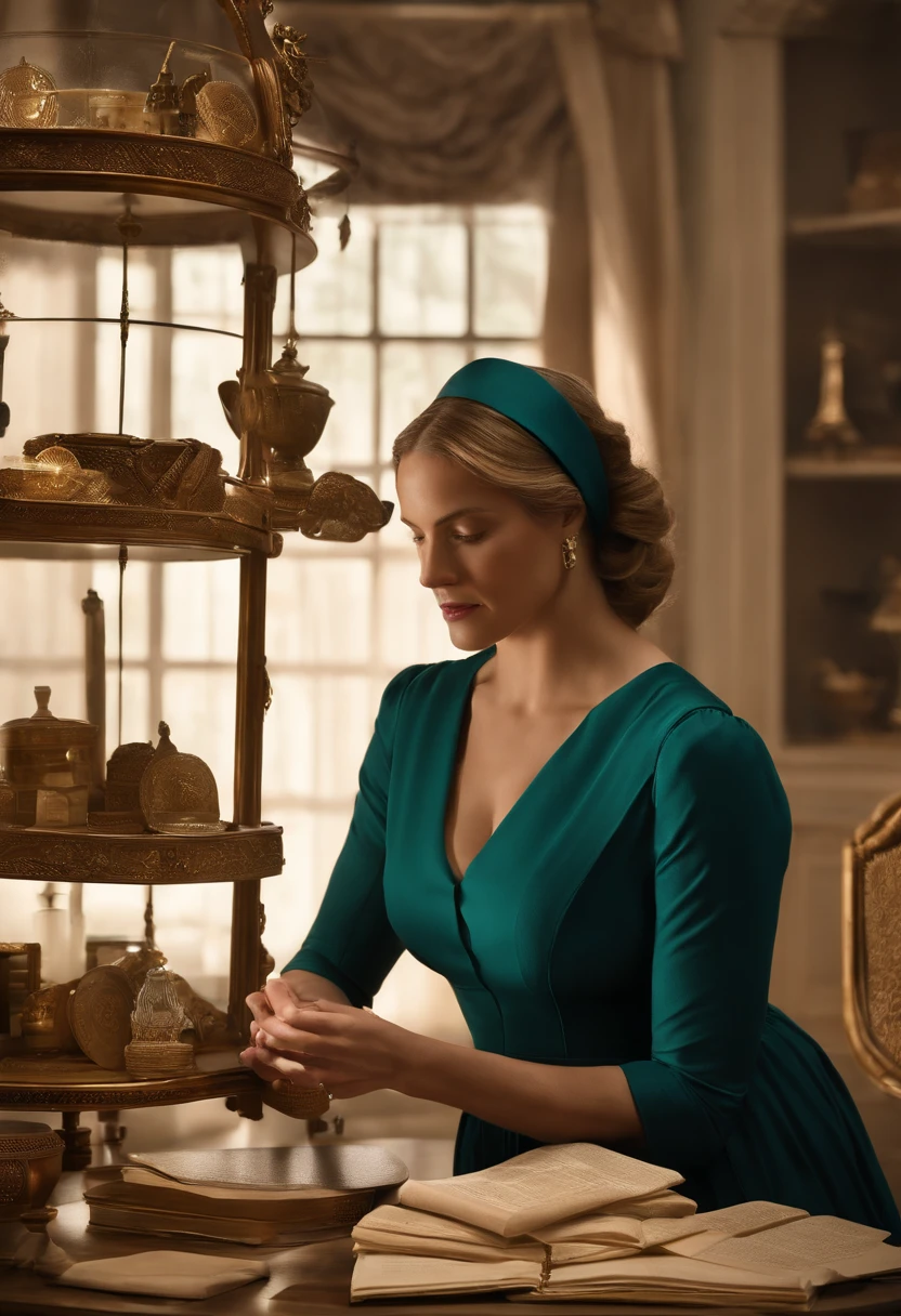 An image of Serena carefully selecting and arranging a collection of ancient Gileadean artifacts and historical documents,The Handmaid's Tale,Serena Joy, a pivotal character in “The Handmaid’s Tale,” exudes a composed and elegant demeanor, her appearance characterized by the traditional, modest attire mandated for wives in Gilead, often in shades of teal. Her poised exterior, with meticulously styled hair and a stern yet beautiful face, belies the complexity and turmoil beneath. , female