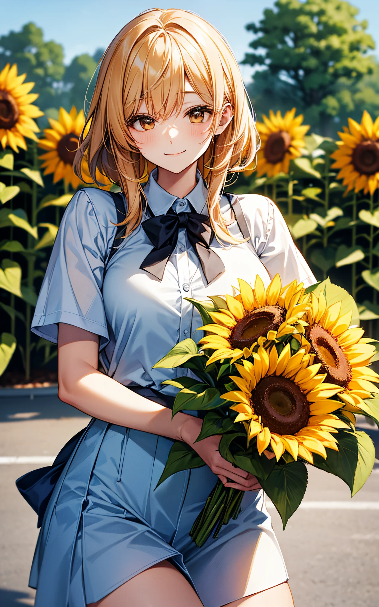 Perfect human body、Summer parks、She is wearing a short-sleeved high school uniform.、Holding a large bouquet of sunflowers with both hands、I got closest to that smile