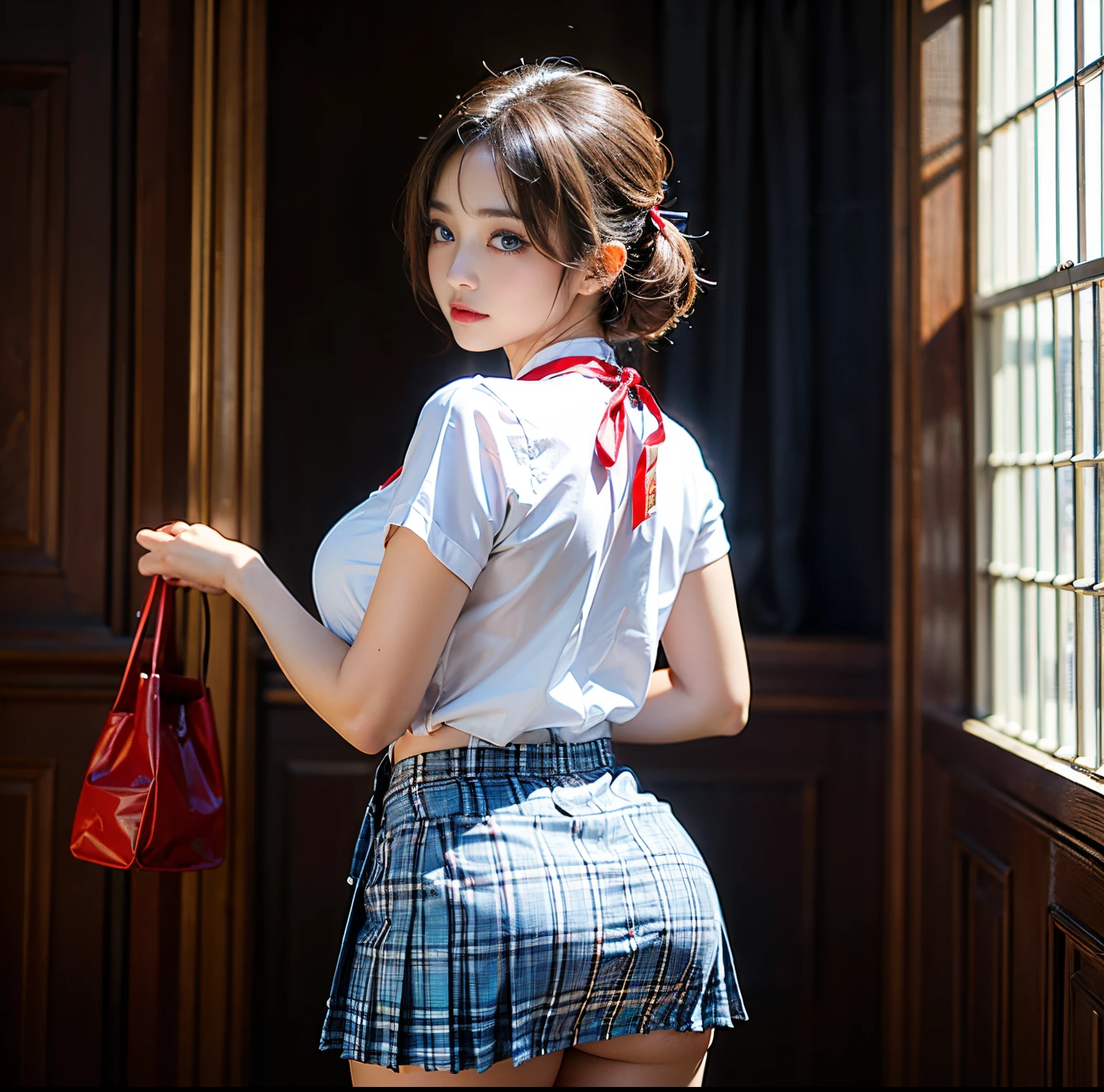 top-quality, 8K picture quality, masterpiece, Professional lighting without shadows, (Two Women), (with perfect body、Colossal breasts with tension), Bright whitening skin, (Bright and beautiful blue eyes with plump red tear bags reflect a lot of light.:1.2)、 They wear tight white blouses with crimson ribbon ties tied around the collar.., No skin is exposed on the upper body, Micro mini pleated tartan check skirt, (their skirts are incredibly short:1.2), She is showing off her proud big breasts from the front.., (Lift it up and show off your beautiful butt exposed from behind:1.3),