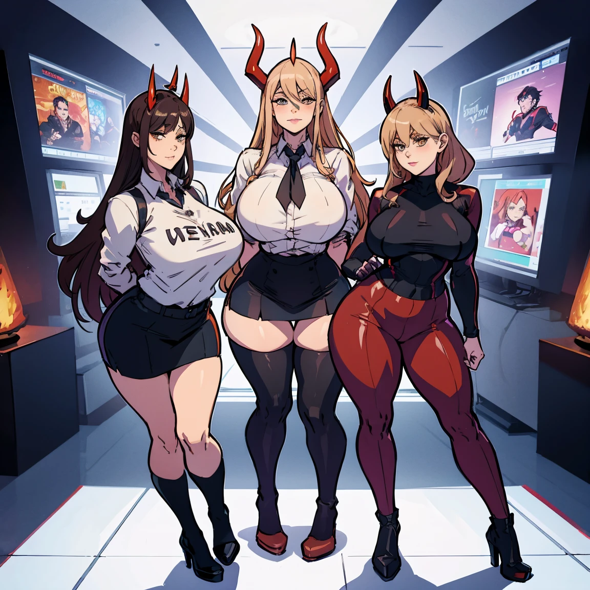 Power, has devil horns, thicc, busty, curvy, standing, full body