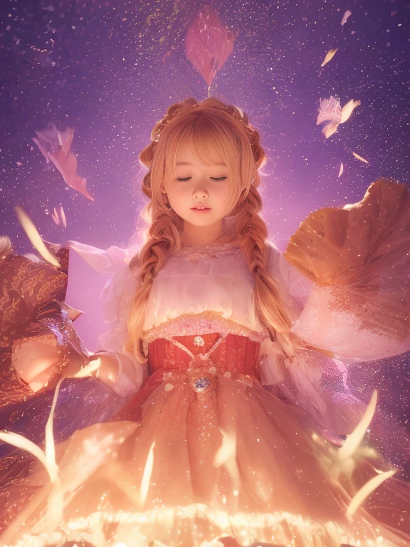 1girl, solo, full body, (masterpiece:1.21), (best quality:1.2), colorful, (illustration:1.2), (cinematic lighting:1.1), (spread legs:1.3), peasant medieval dress, floating dress, magic lights, levitating, , blonde hair with braids, magical lights in her hands, closed eyes, focus expression