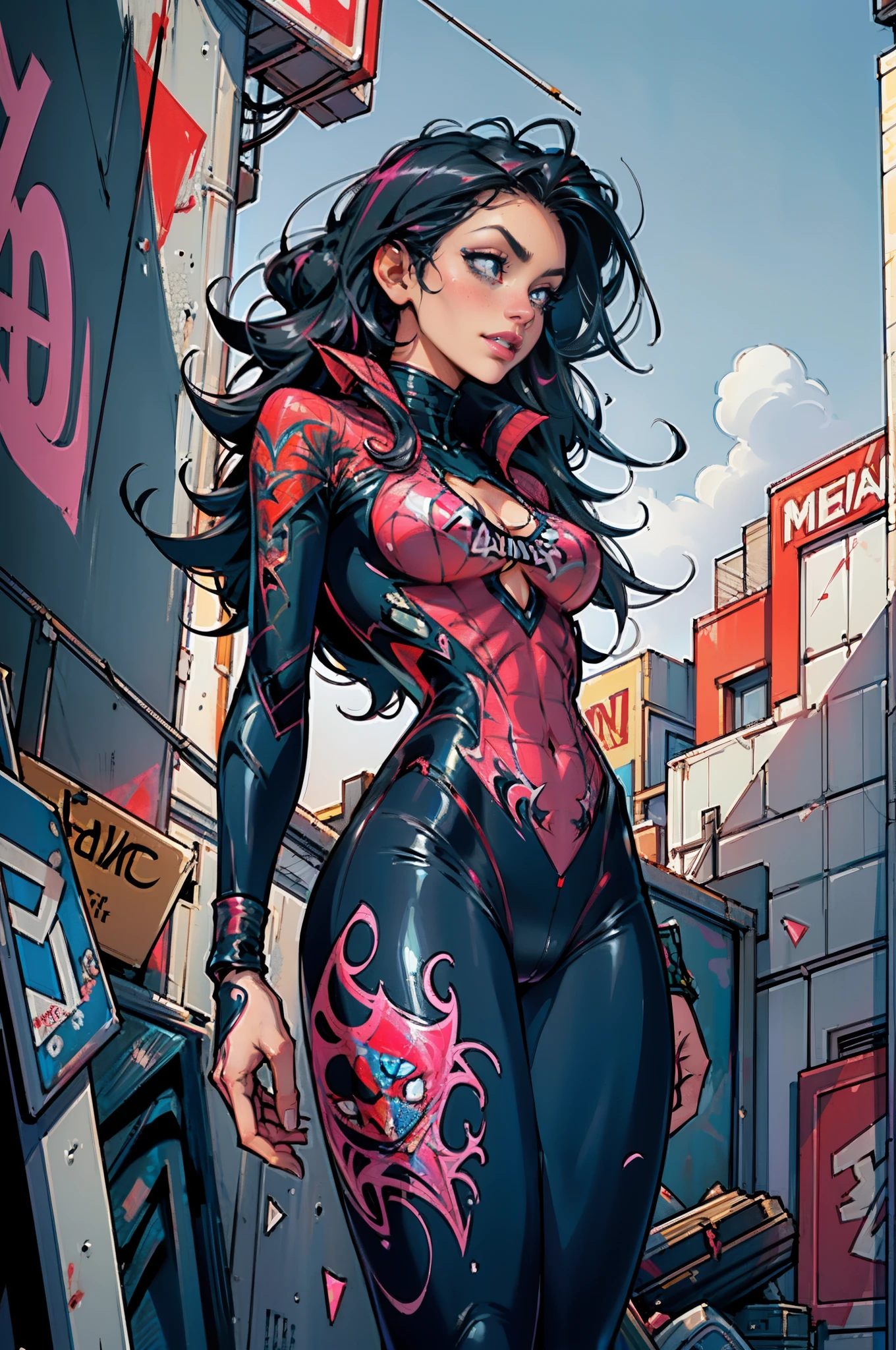 (((masterpiece))), (((best quality))), ((ultra-detailed)), (highly detailed CG illustration), ((an extremely delicate and beautiful)), (1spider woman,spider woman focus), white skin, white-skinned woman.close up, full color painting of low angle view, beautiful super hero spider-woman wearing a lace swimsuit, big tits,  posing in back of a grocery store, leather boots, fishnet stockings, nice body, hyper detailed face, comic style, centerfold poster girl, (((graffiti art) (by carne griffiths))), GRAPHITI wall background, insane details, intricate details, hyperdetailed, low contrast, soft cinematic light, dim colors, exposure blend, hdr, front, petals for salma, masterpiece, realistic, ultra high res, high quality,venom.(masterpiece),(best quality), (ultra high resolution), detailed illustration, 8k, White girl (with black hair) (really curly hair) (free hair) wearing a black spiderman suit, A pink spider symbol on the chest of her suit, Black leather jacket , Black facemask, Pink goggles, She is on the roof of a building looking at the city at night (full body) (full view of the background)