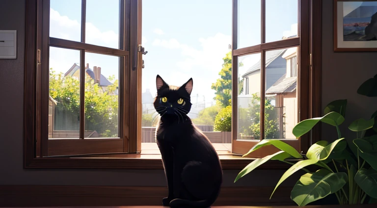 Cute black cat with round eyes　Staring out the window　in a house