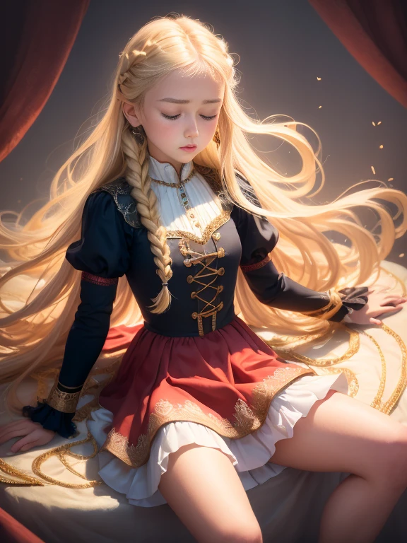 1girl, solo, full body, (masterpiece:1.21), (best quality:1.2), colorful, (illustration:1.2), (cinematic lighting:1.1), (spread legs:1.3), peasant medieval dress, floating dress, magic lights, levitating, , blonde hair with braids, magical lights in her hands, closed eyes, focus expression