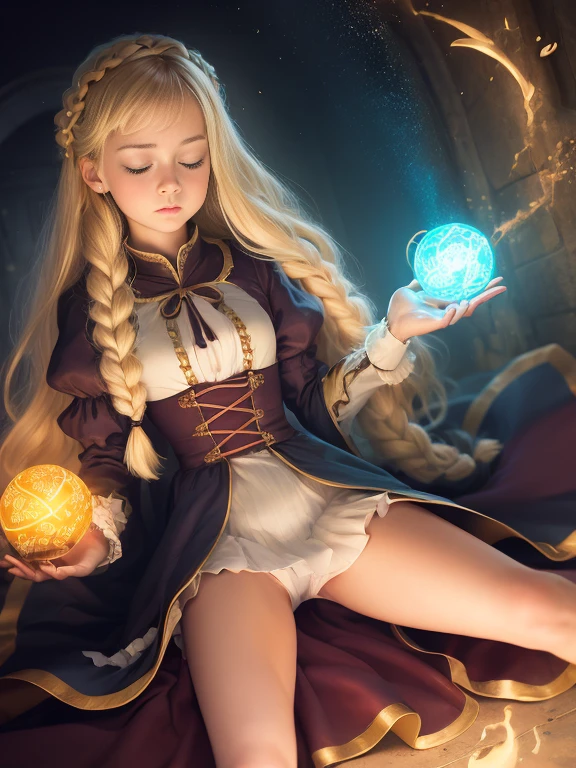 1girl, solo, full body, (masterpiece:1.21), (best quality:1.2), colorful, (illustration:1.2), (cinematic lighting:1.1), (spread legs:1.3), peasant medieval dress, floating dress, magic lights, levitating, , blonde hair with braids, magical lights in her hands, closed eyes, focus expression