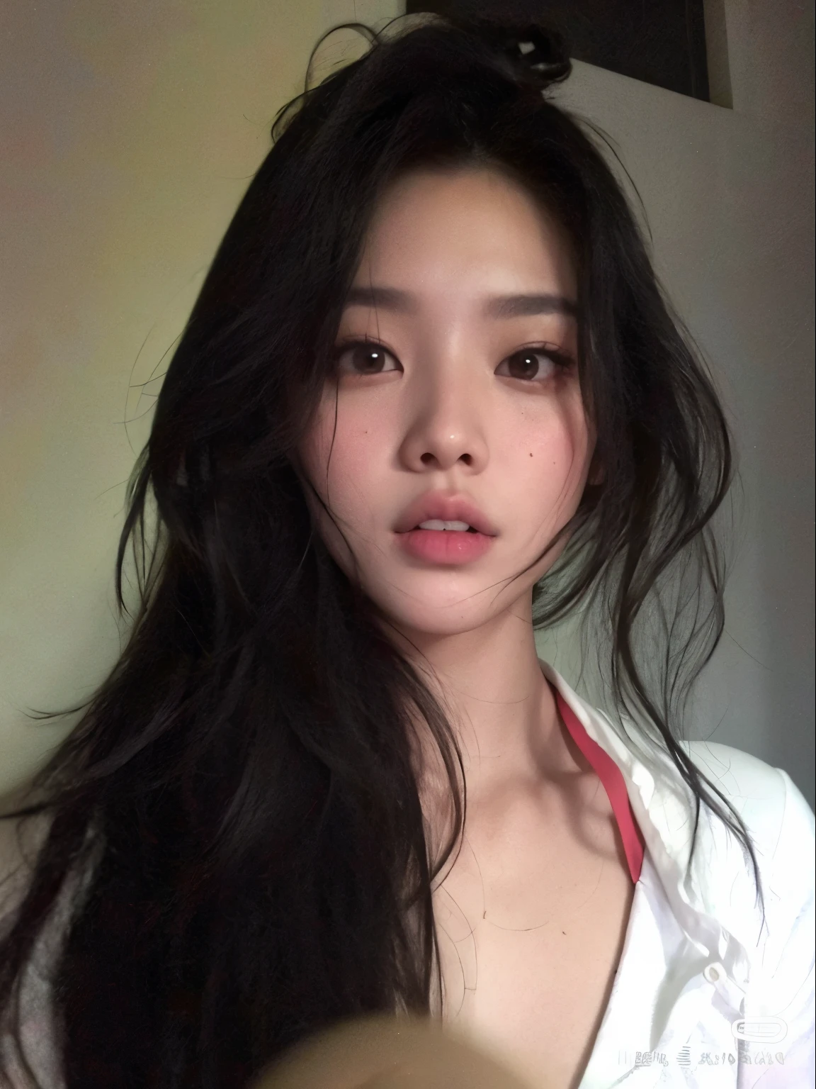 Un primer plano de una mujer con cabello largo con una camisa blanca, south east asian with round face, Chica coreana, Hermosa mujer surcoreana, Asian face, asian features, Blackpink Jennie, young cute wan asian face, ulzzang, cruel korean goth girl, beautiful asian girl, Beautiful aesthetic face, Joven y adorable rostro coreano, con labios muy finos, Asian girl