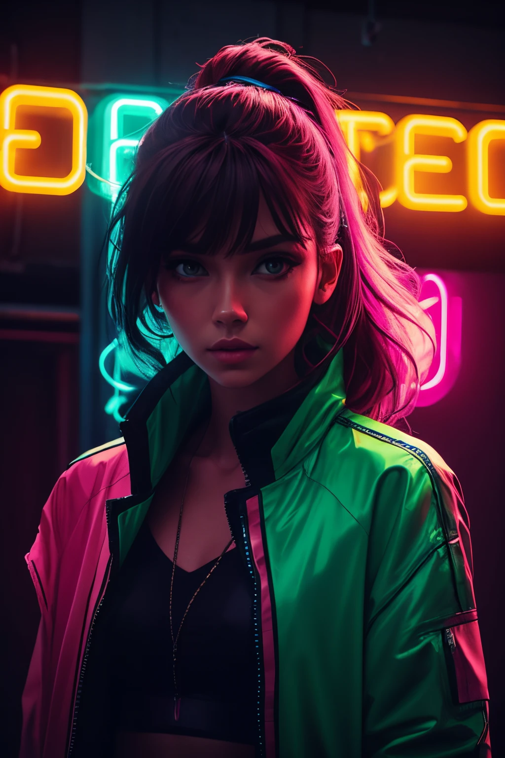 fashion portrait color photograph, woman, upper body, neon lights