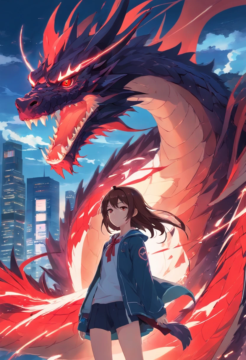 A girl with long brown hair with Red streaks, red and white eyes, about 5'5 in hight, wearing an dark academia style outfit, thin scars on her arms, standing near a black and blue dragon